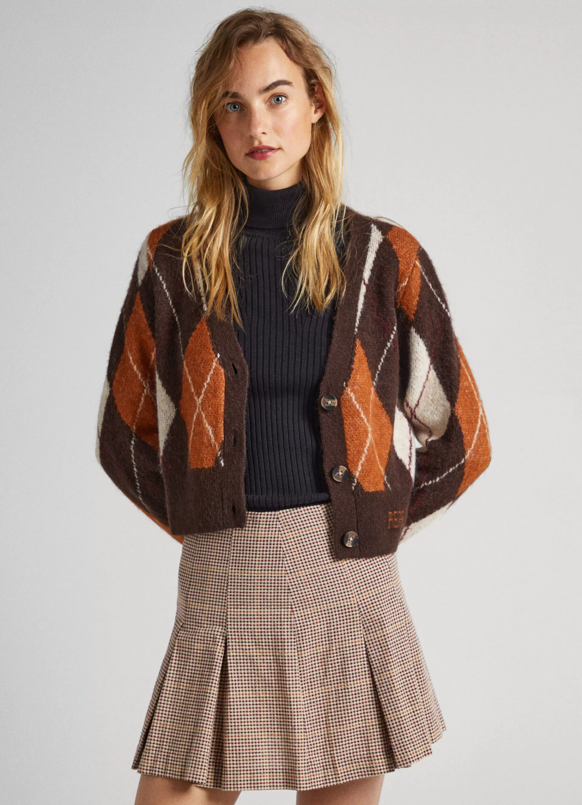 Knitwear*Women Pepe Jeans ARGYLE JACQUARD CARDIGAN Tobacco Brown