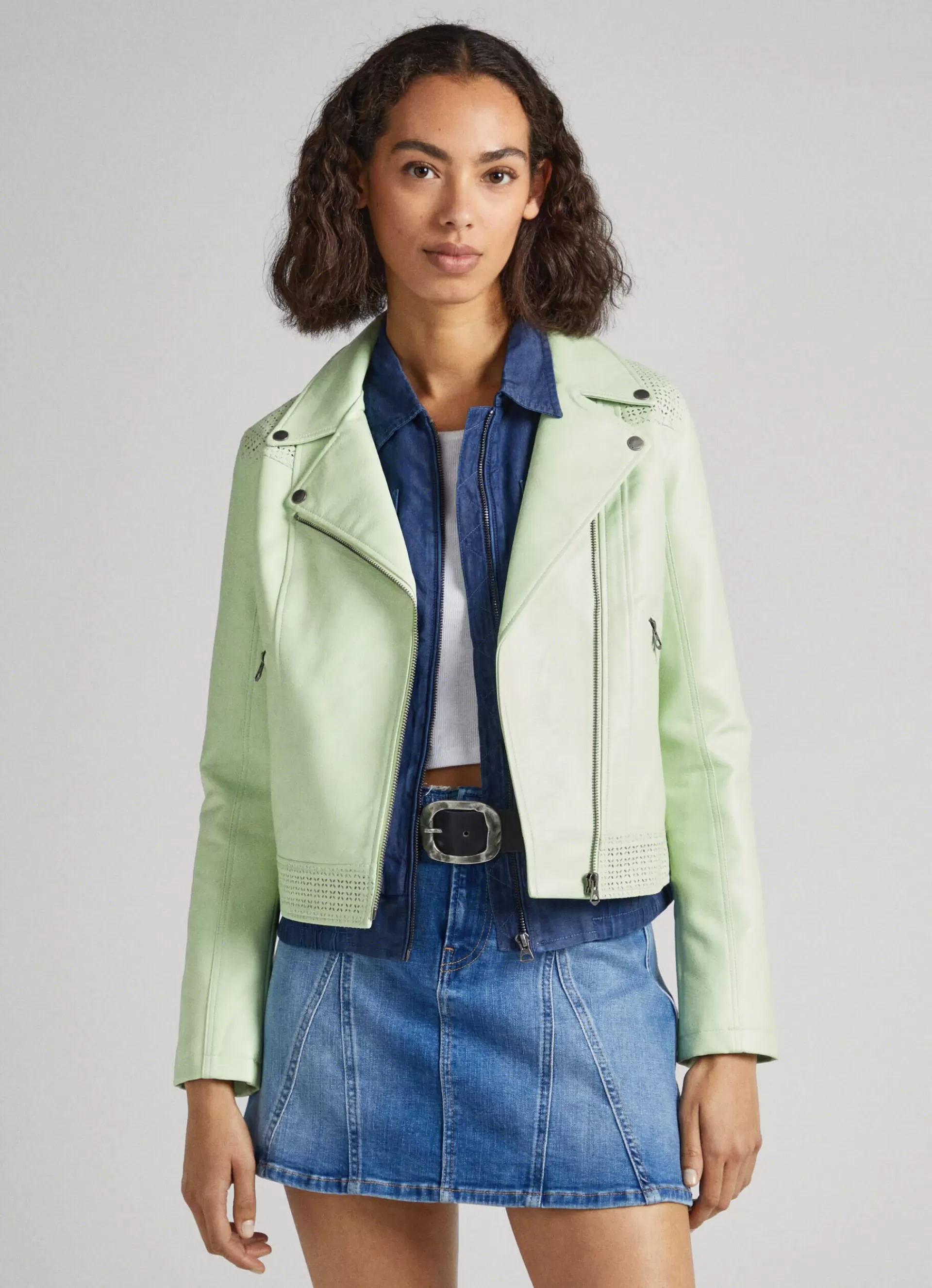 Coats & Jackets*Women Pepe Jeans BIKER JACKET WITH OPENWORK DETAILS Bleach Green