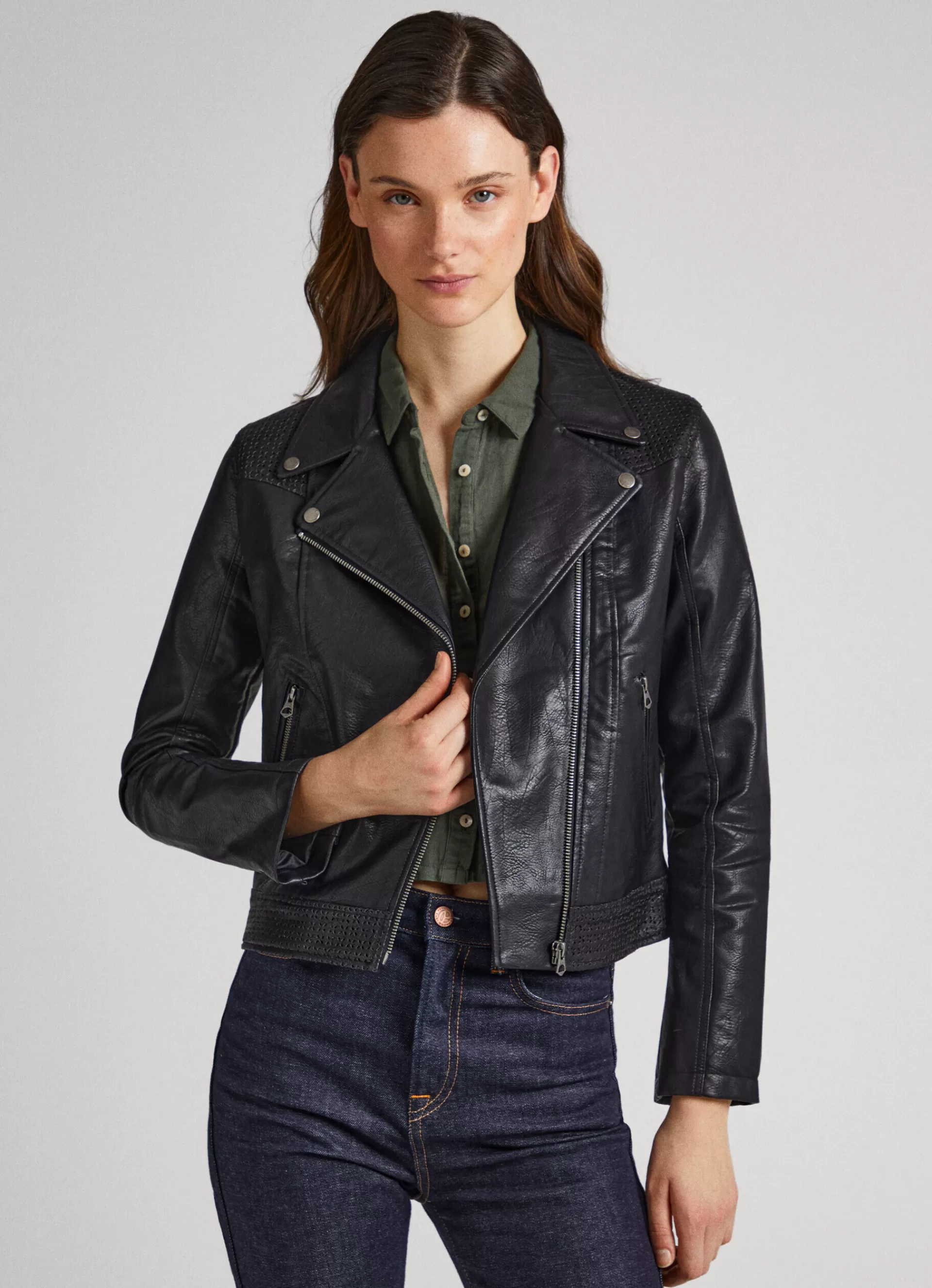 Coats & Jackets*Women Pepe Jeans BIKER JACKET WITH OPENWORK DETAILS Black