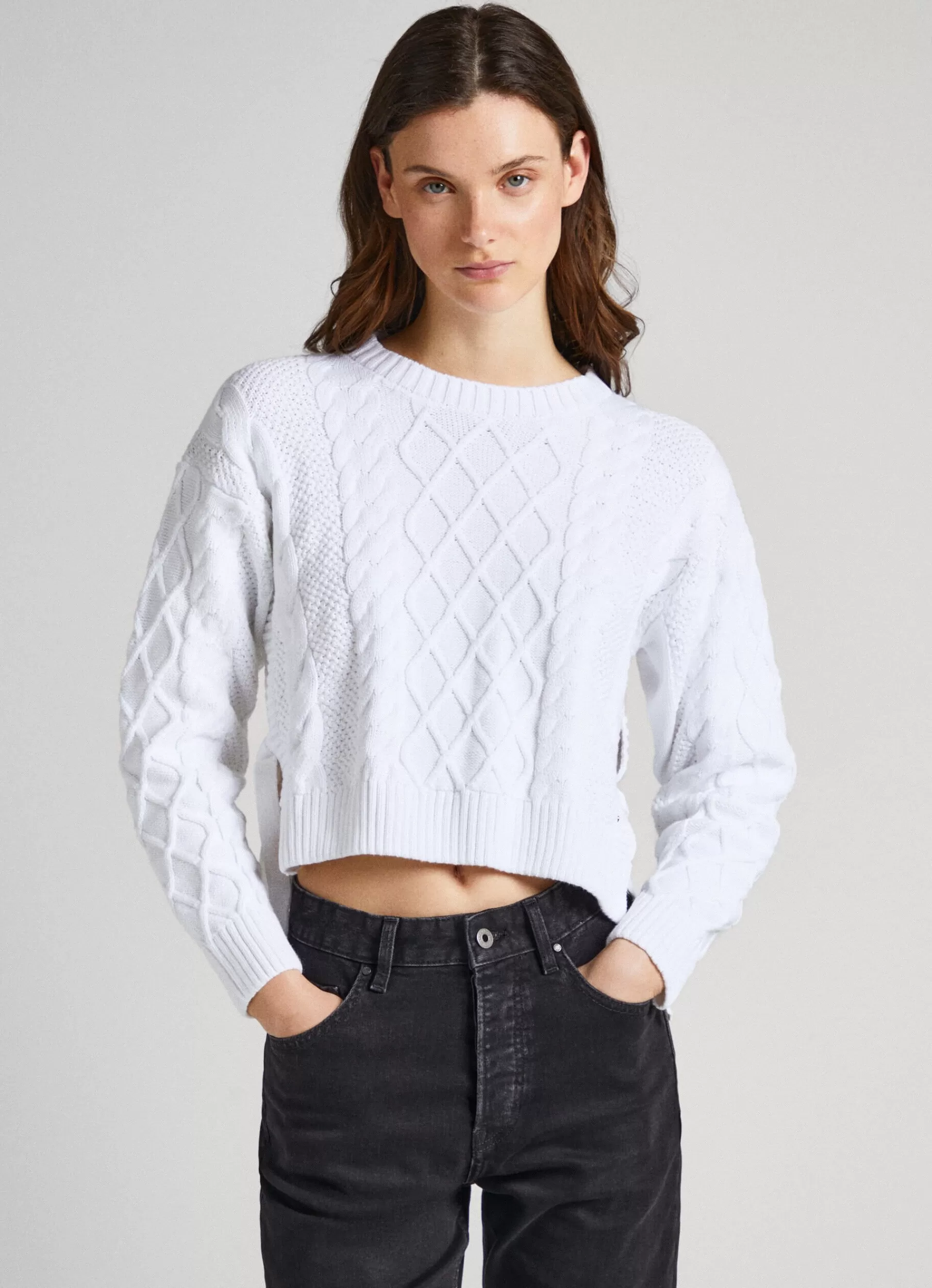 Sweaters & Cardigans | Knitwear*Women Pepe Jeans CROPPED CABLE KNIT SWEATSHIRT White