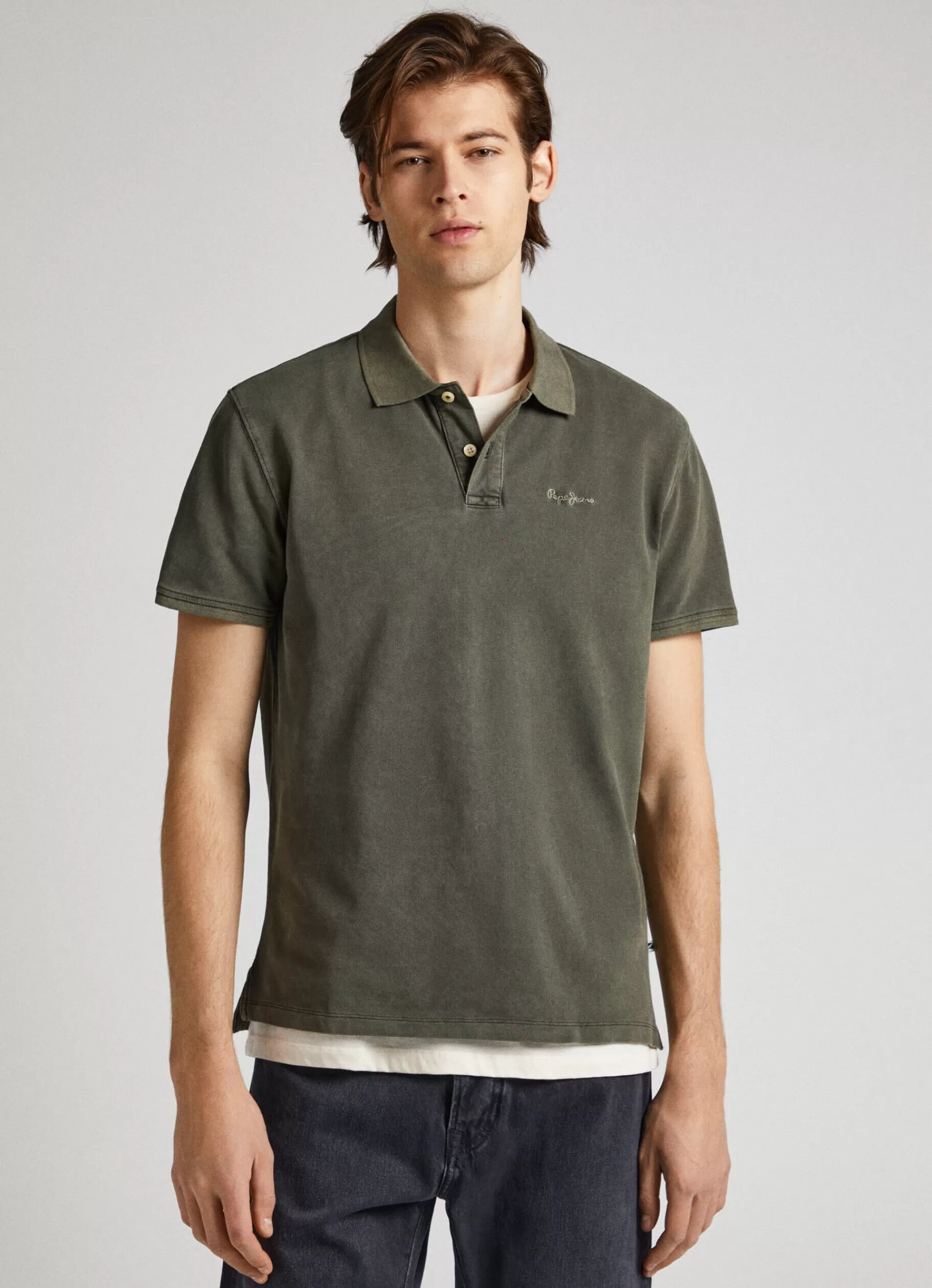 Polo shirts*Men Pepe Jeans EMBROIDERED LOGO PIQUÉ POLO SHIRT Olive Green