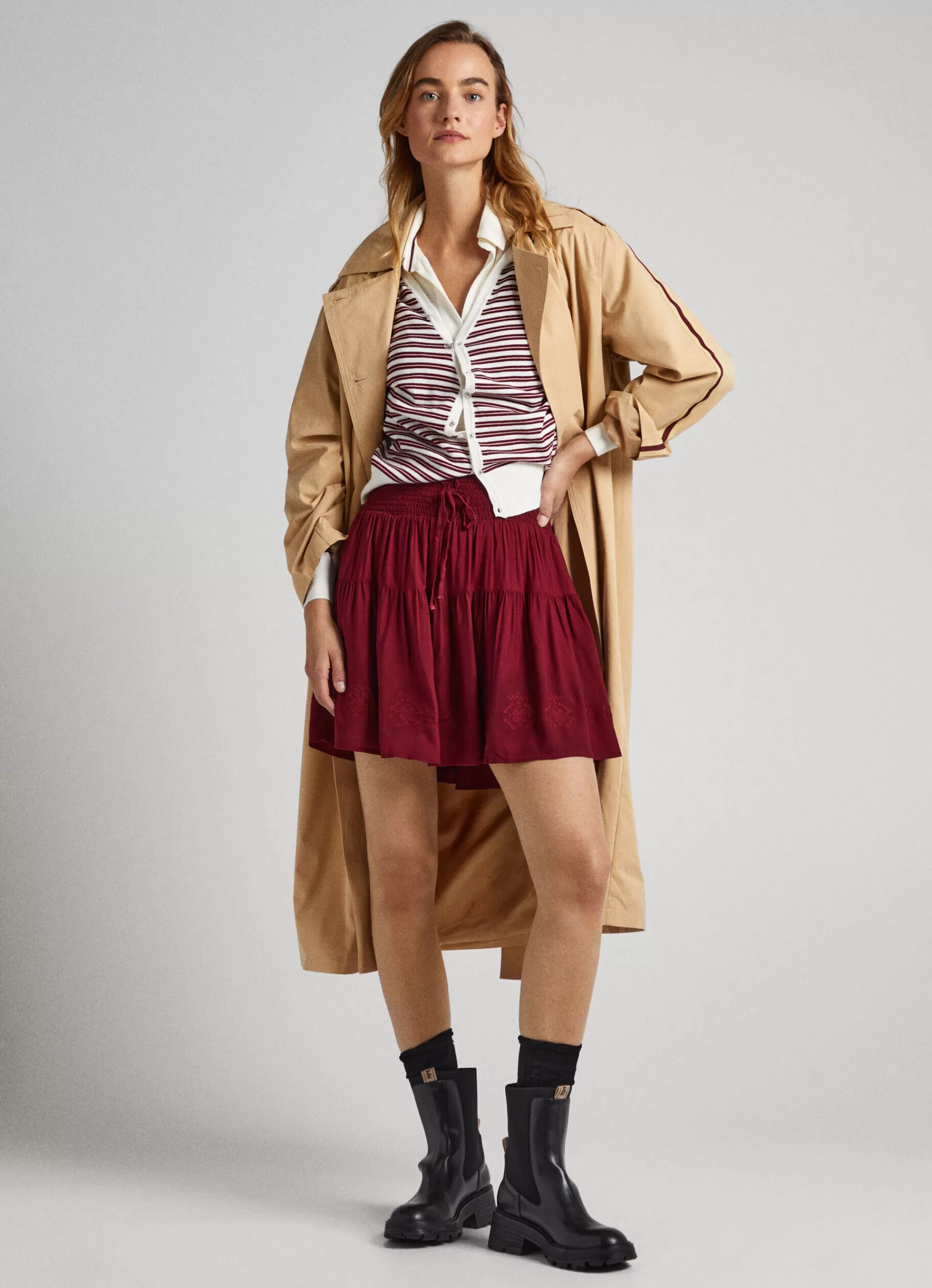 Skirts & Shorts*Women Pepe Jeans EMBROIDERED SKIRT AT HEM Burgundy Red