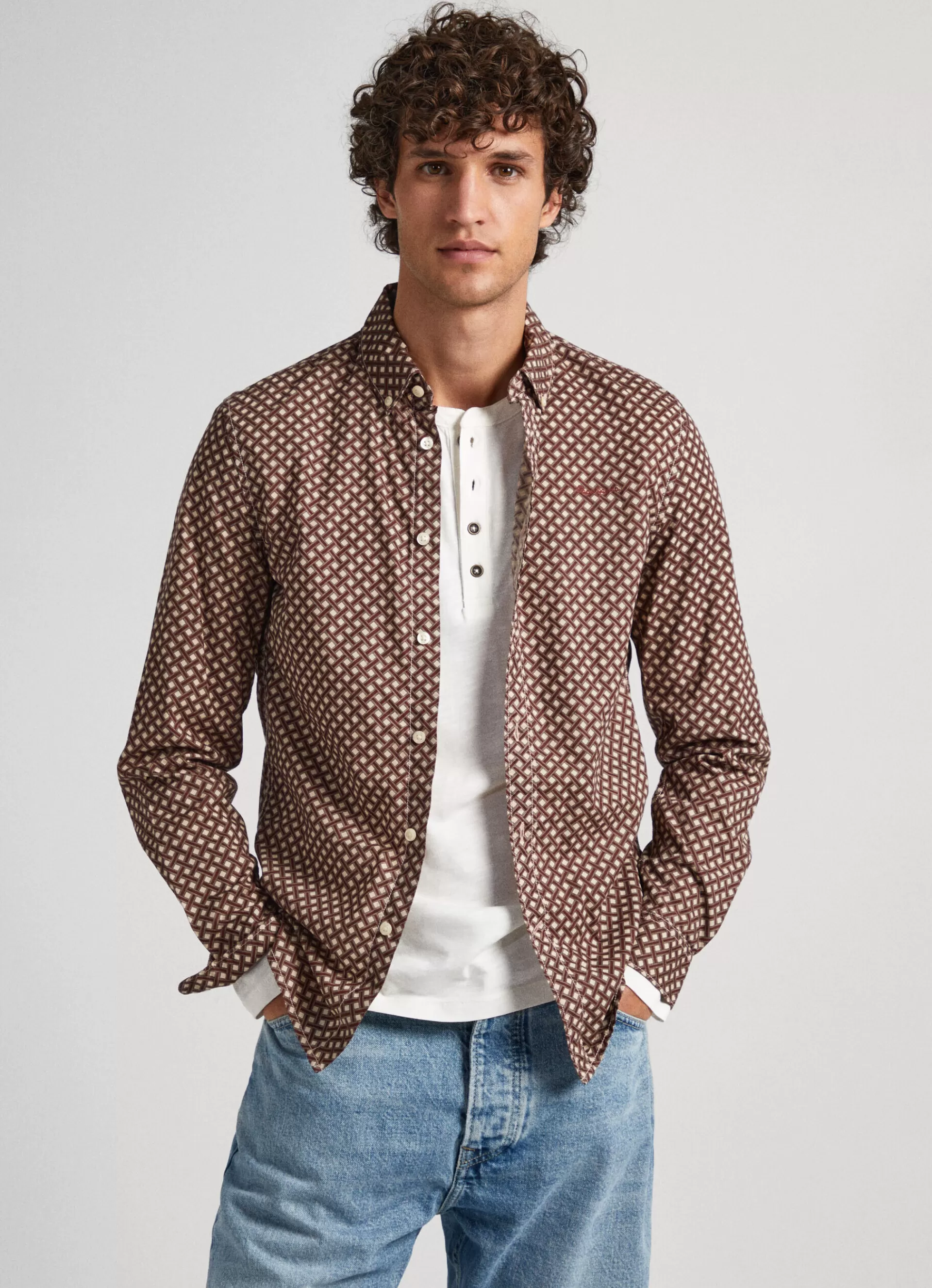 Shirts*Men Pepe Jeans GEOMETRIC PRINT POPLIN SHIRT Sand Beige