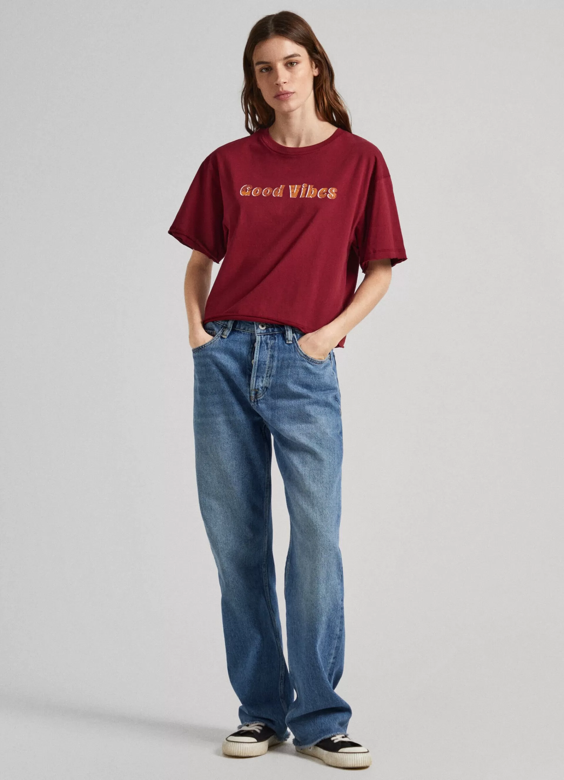 T-shirts*Women Pepe Jeans GLITTER PRINT T-SHIRT Burgundy Red