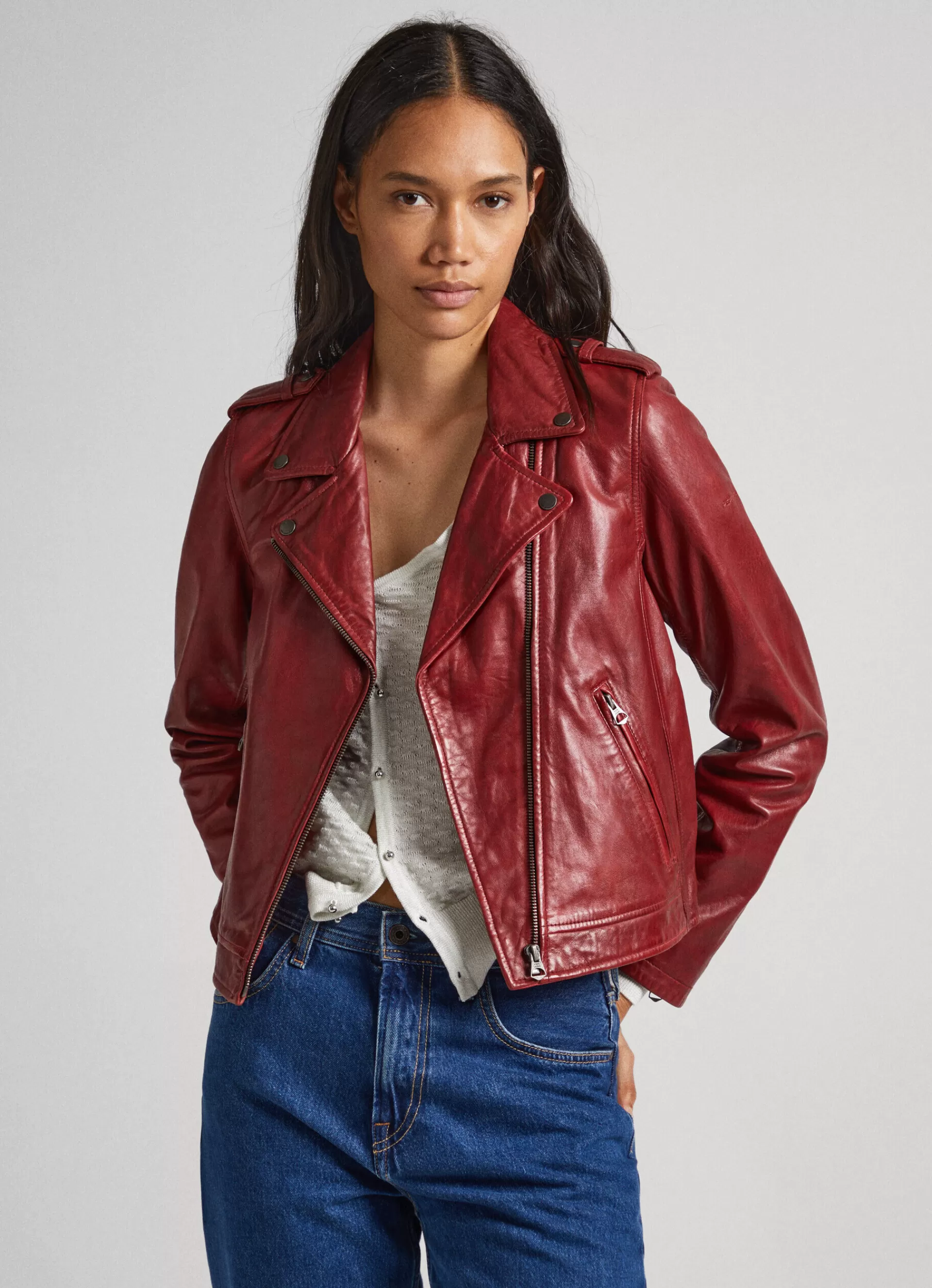 Coats & Jackets*Women Pepe Jeans LAMB LEATHER BIKER JACKET Burgundy Red