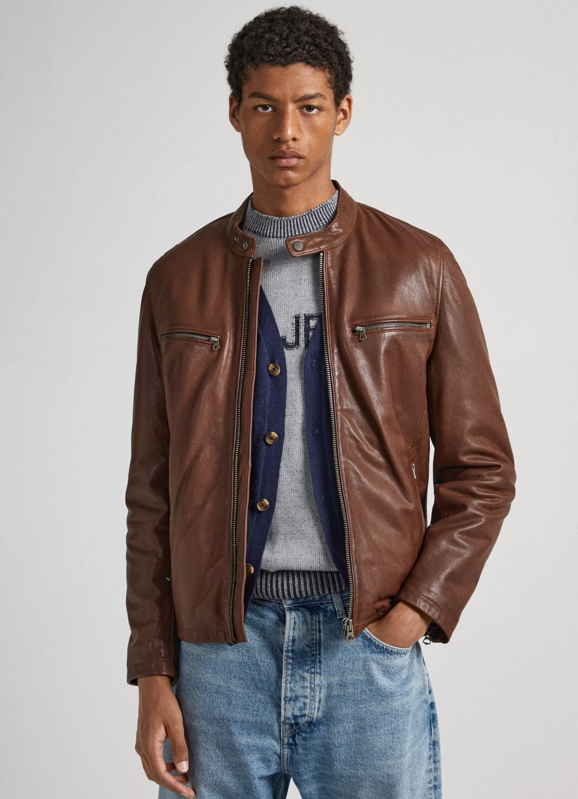 Coats & Jackets*Men Pepe Jeans LAMBSKIN LEATHER BIKER JACKET Cognac Brown