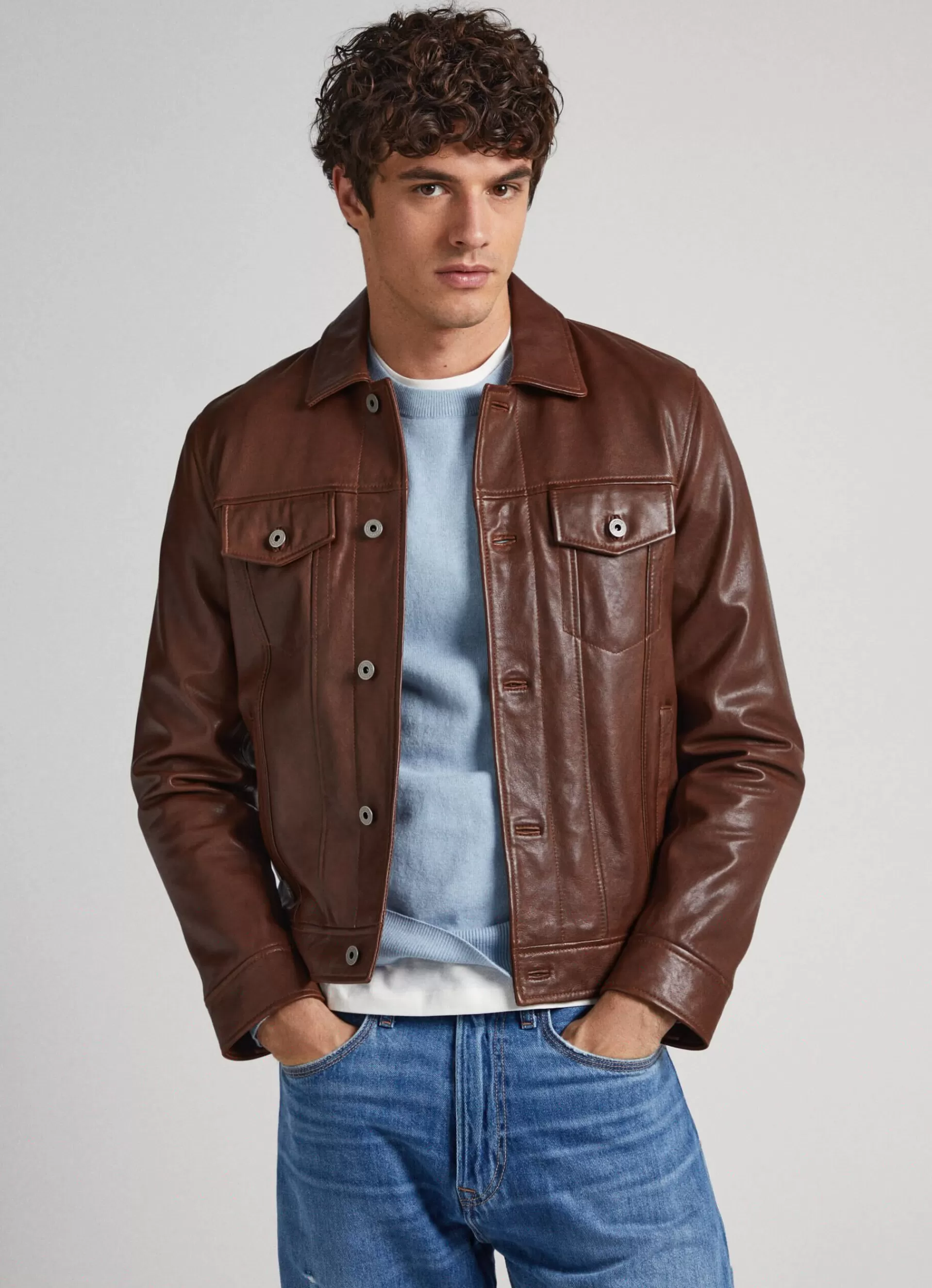 Coats & Jackets*Men Pepe Jeans LAMBSKIN LEATHER JACKET Cognac Brown