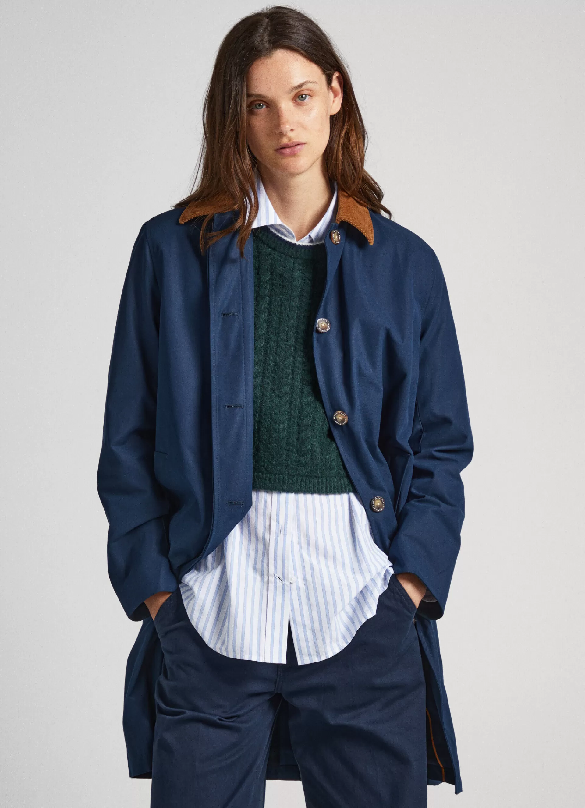 Coats & Jackets*Women Pepe Jeans LONG JACKET WITH CORDUROY COLLAR Dulwich Blue