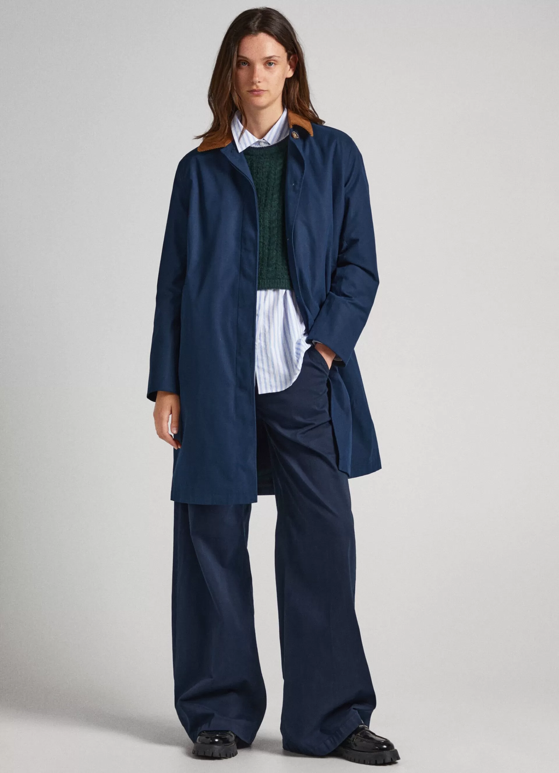 Coats & Jackets*Women Pepe Jeans LONG JACKET WITH CORDUROY COLLAR Dulwich Blue