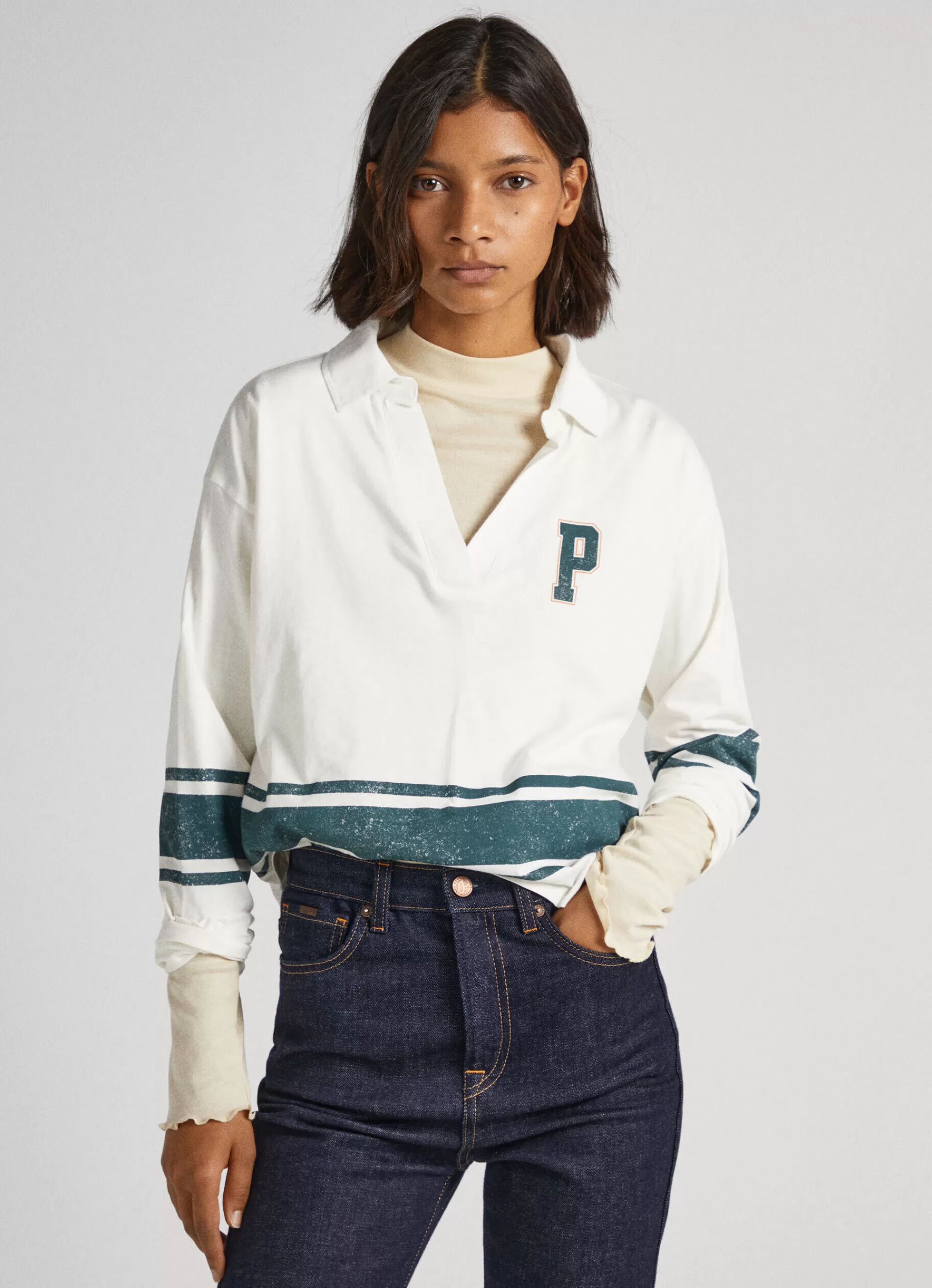 T-shirts*Women Pepe Jeans LONG SLEEVE POLO SHIRT Mousse White