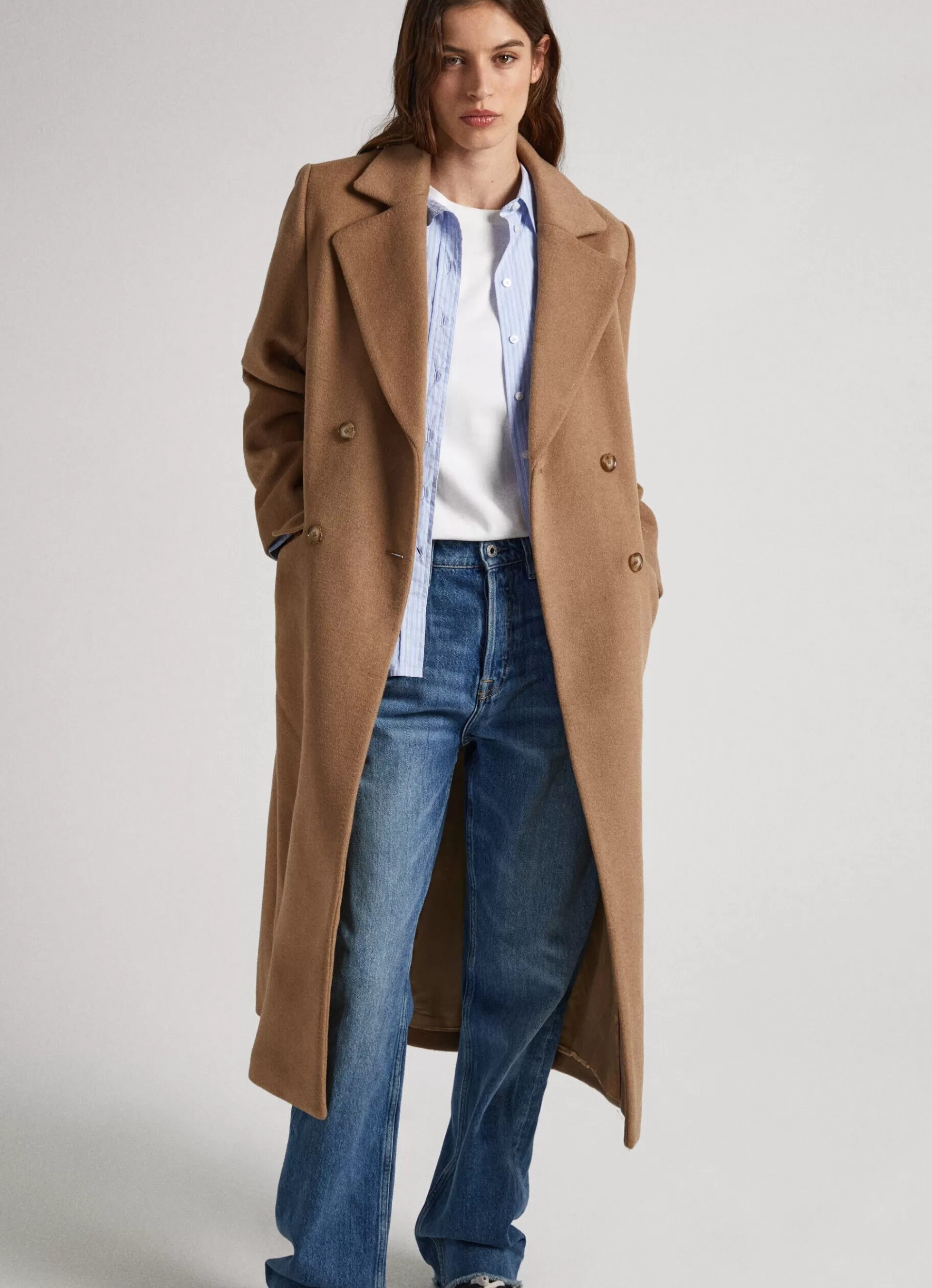 Coats & Jackets*Women Pepe Jeans LONG WOOL COAT Camel Beige