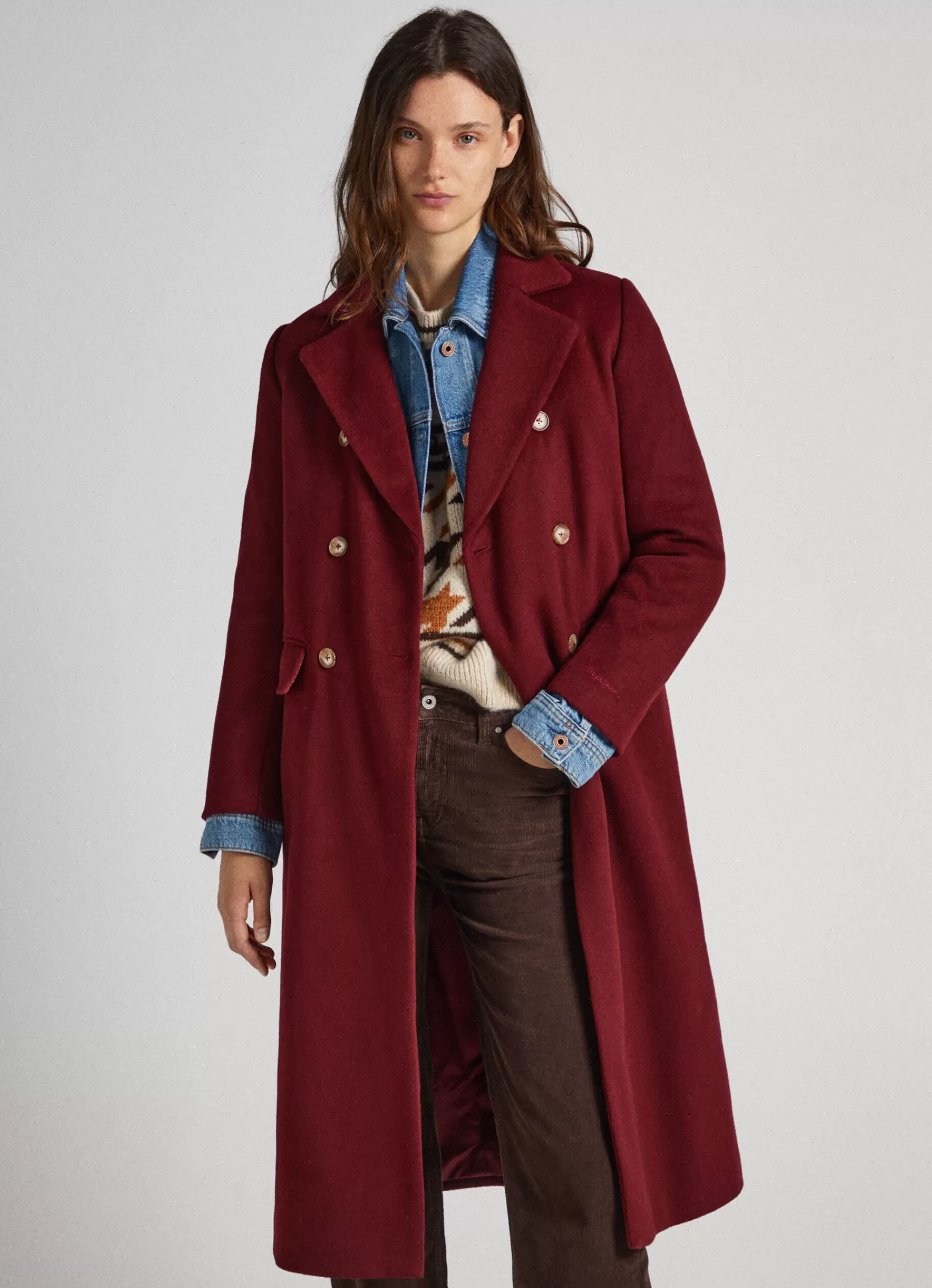 Coats & Jackets*Women Pepe Jeans LONG WOOL COAT Burgundy Red