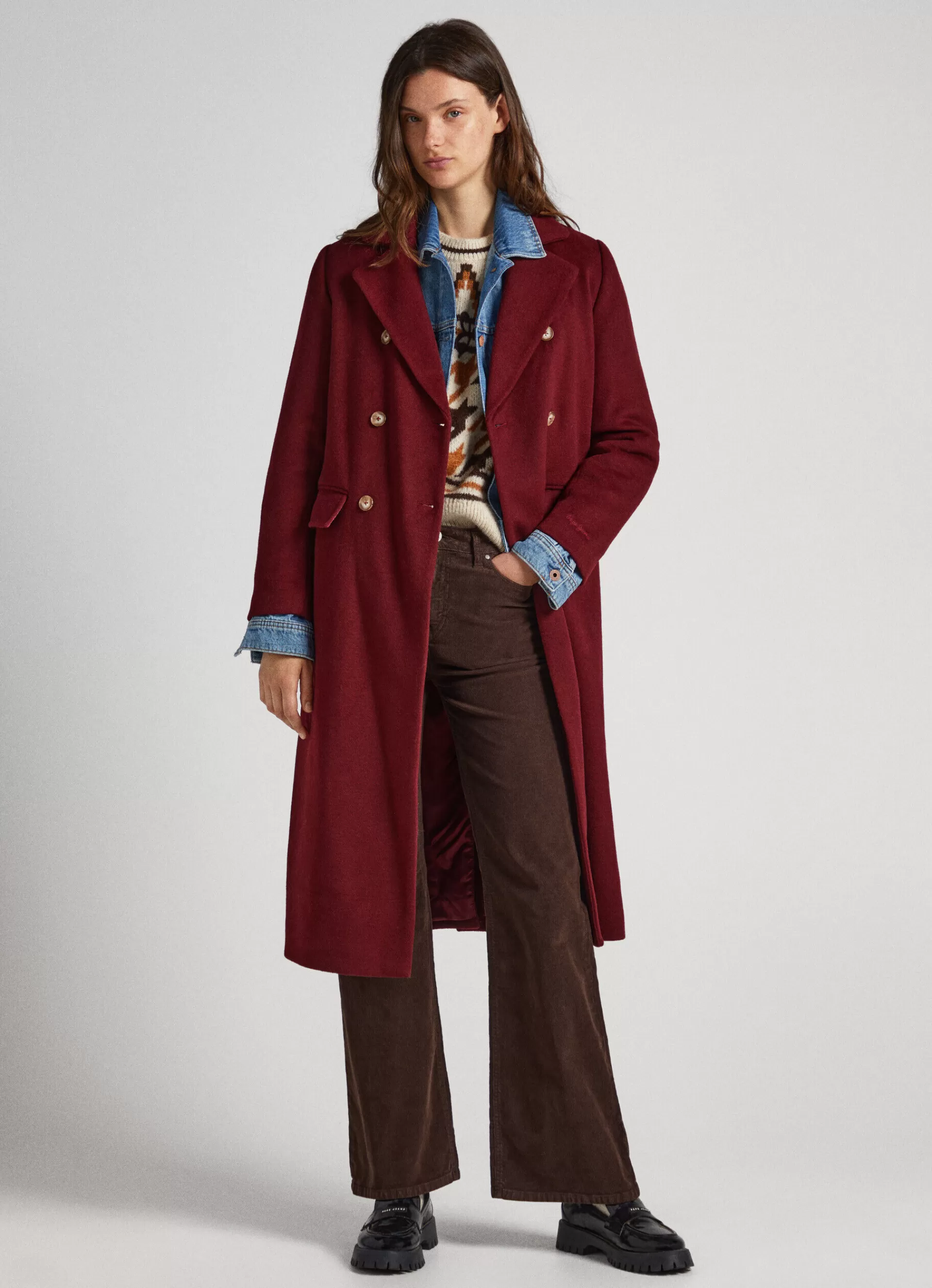 Coats & Jackets*Women Pepe Jeans LONG WOOL COAT Burgundy Red