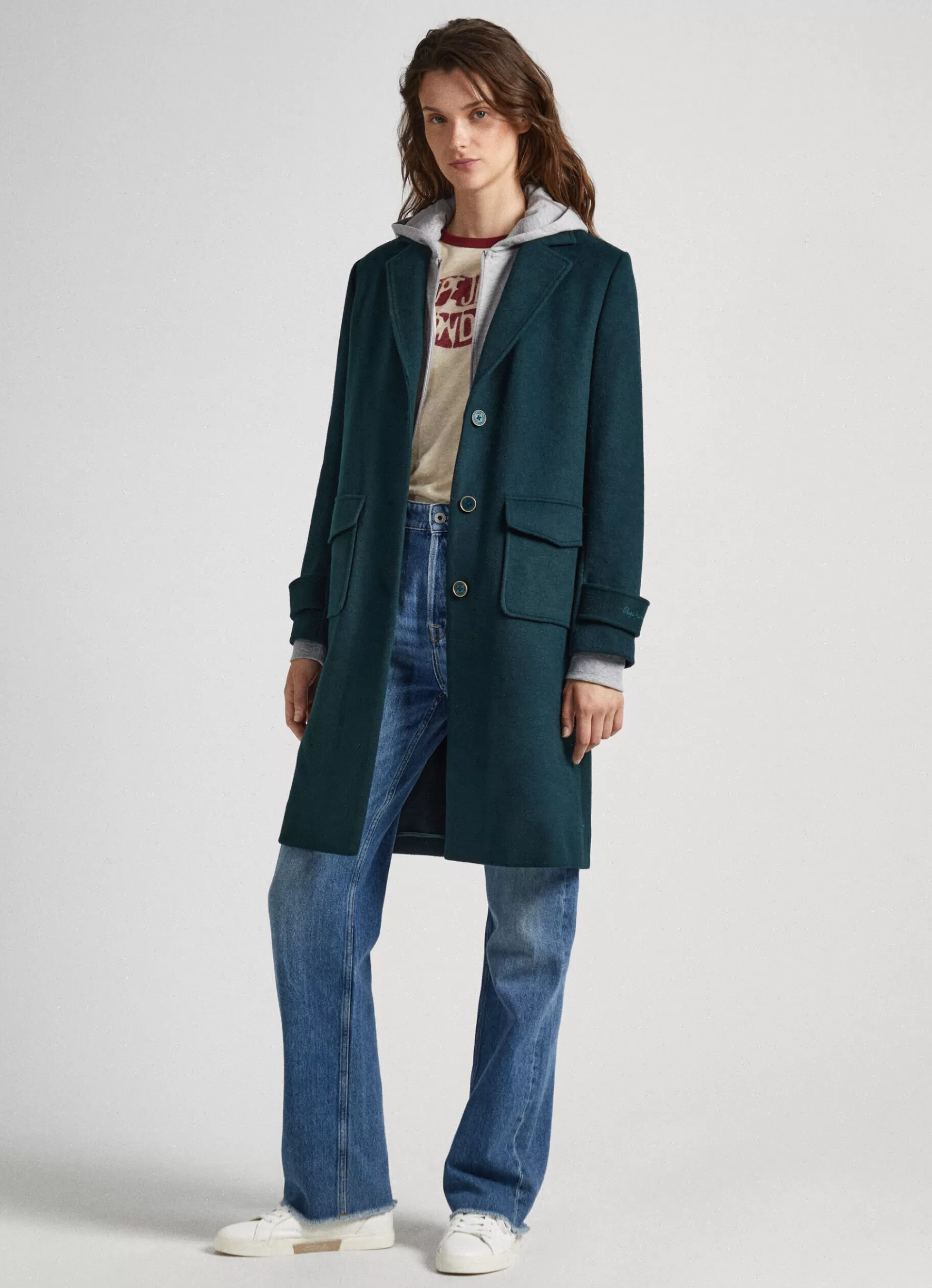 Coats & Jackets*Women Pepe Jeans LONG WOOL COAT Regent Green