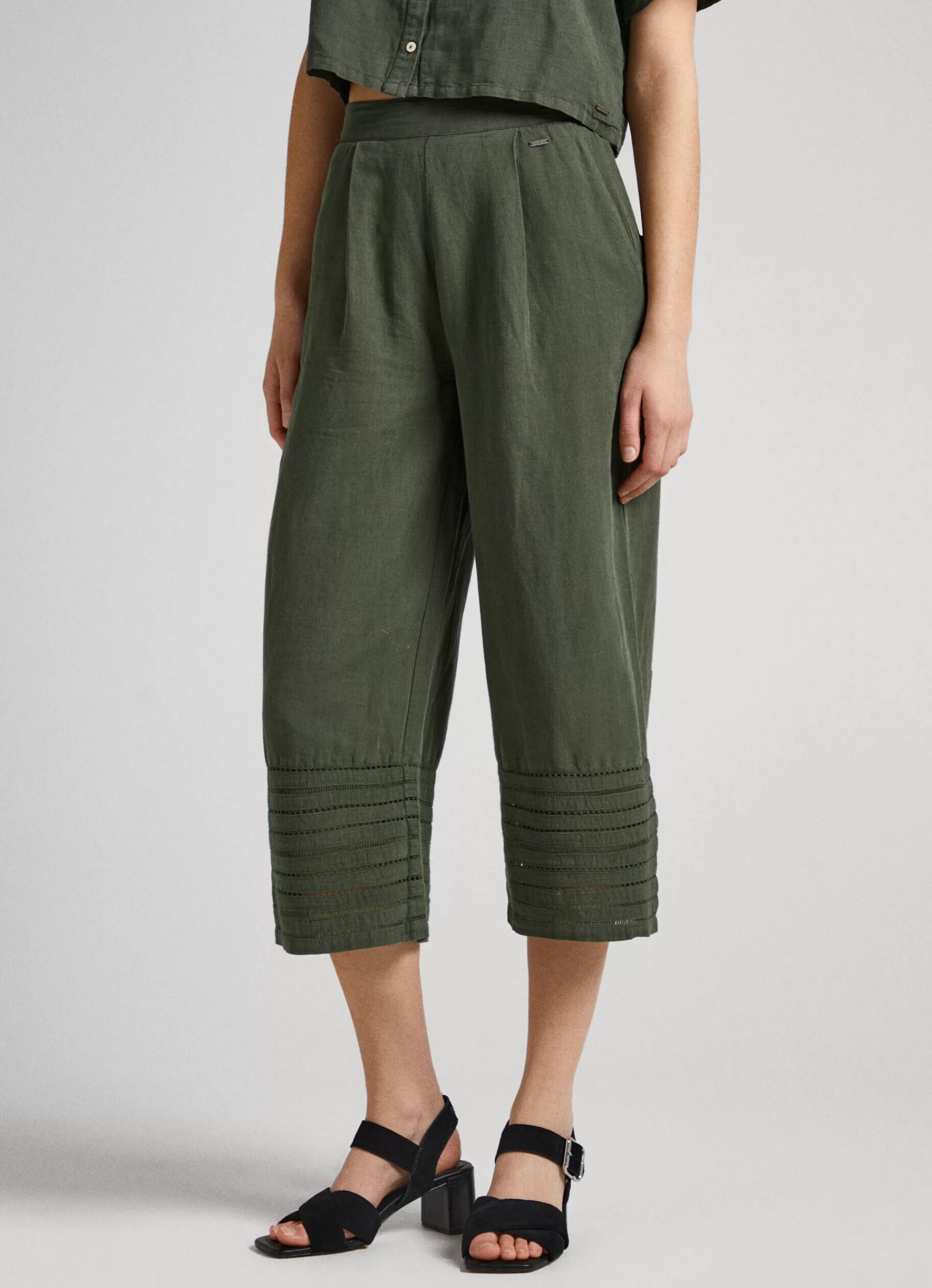 Pants*Women Pepe Jeans OPENWORK PALAZZO TROUSERS Olive Green