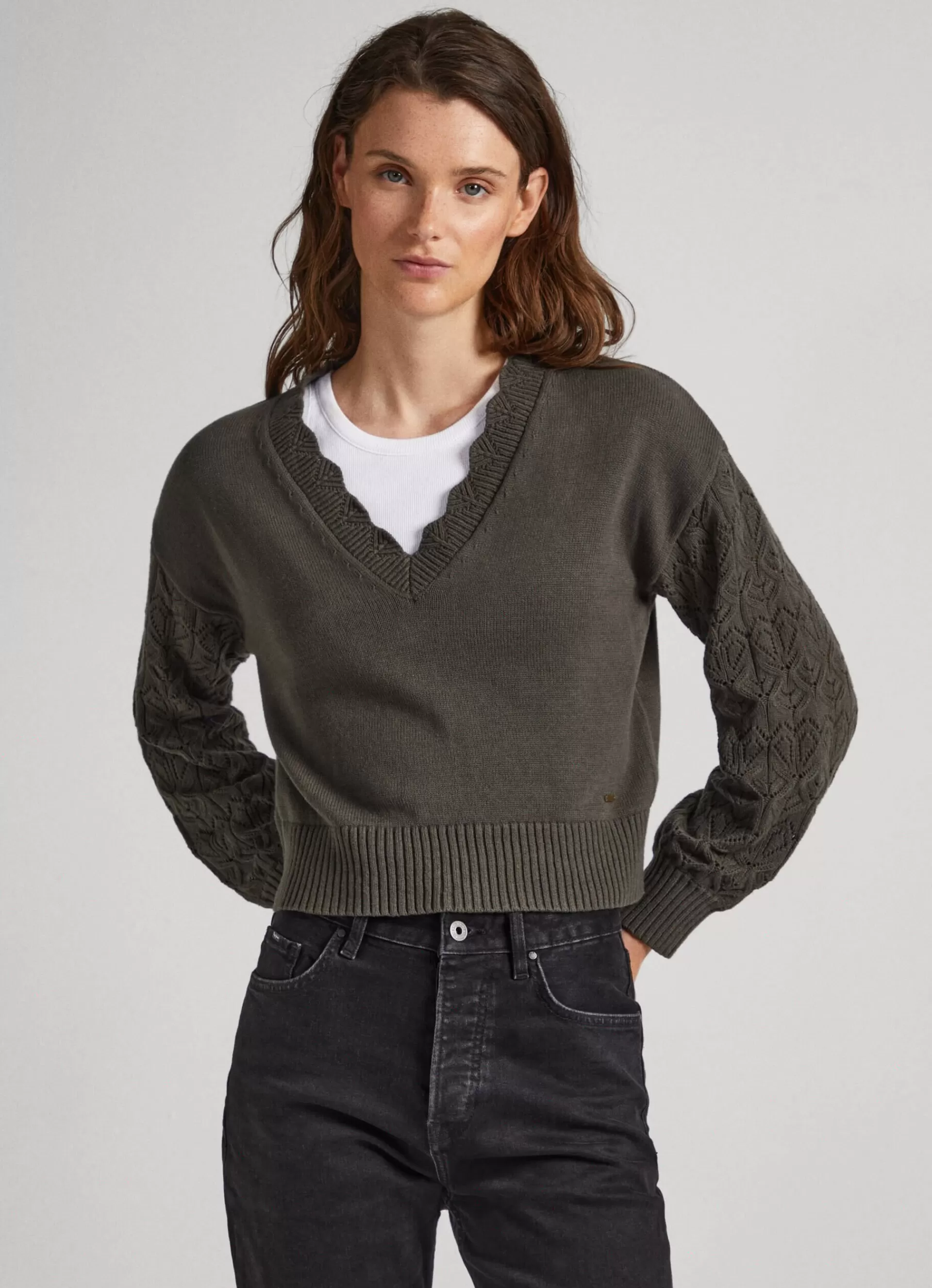 Sweaters & Cardigans | Knitwear*Women Pepe Jeans OPENWORK SLEEVE KNIT Olive Green