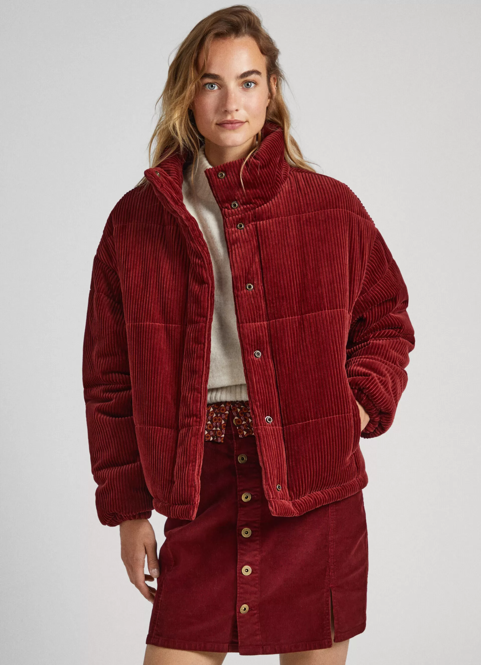 Coats & Jackets*Women Pepe Jeans OVERSIZED CORDUROY PUFFER JACKET Burgundy Red