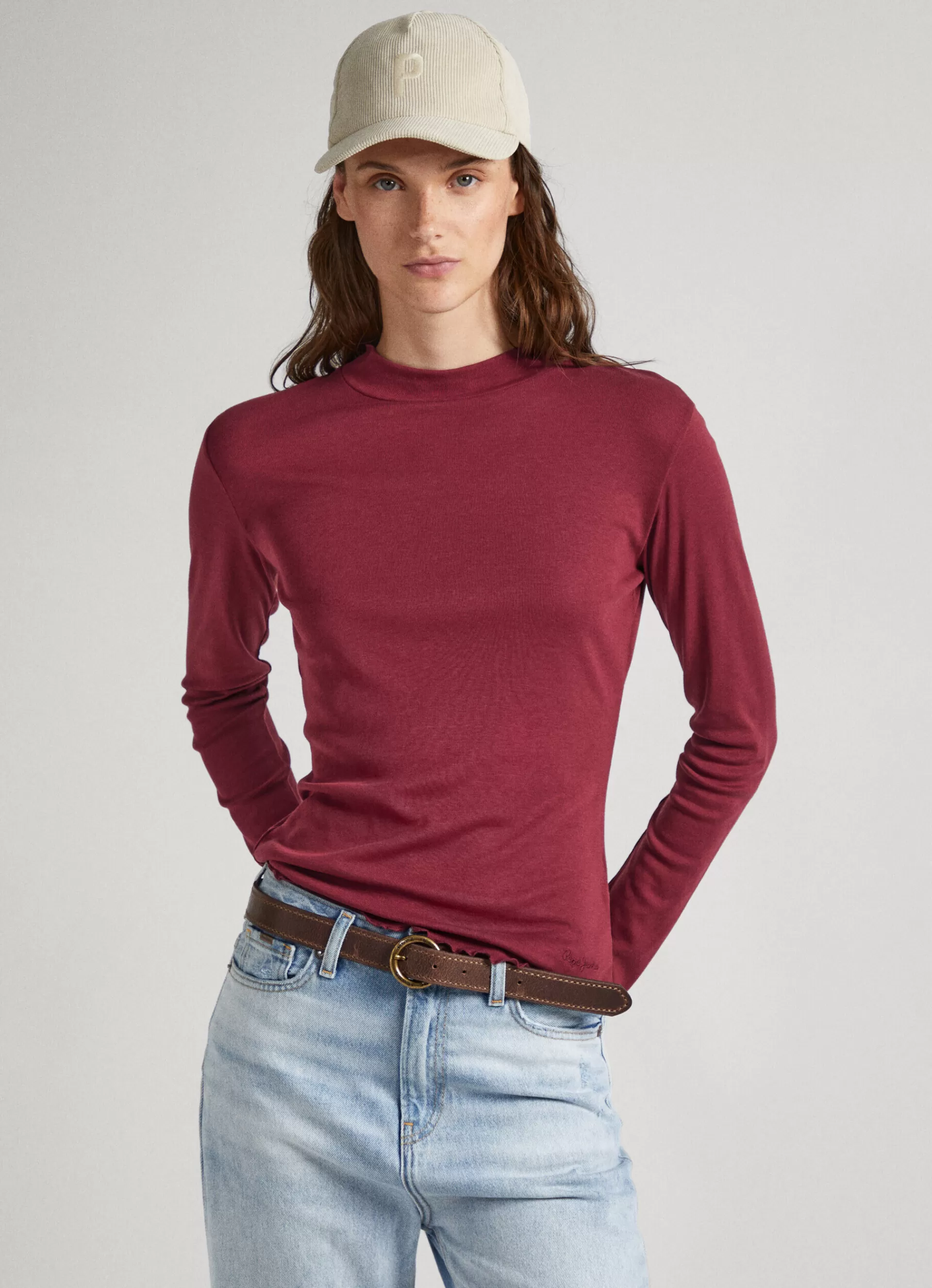 T-shirts*Women Pepe Jeans PERKINS COLLAR LONG SLEEVE T-SHIRT Burgundy Red