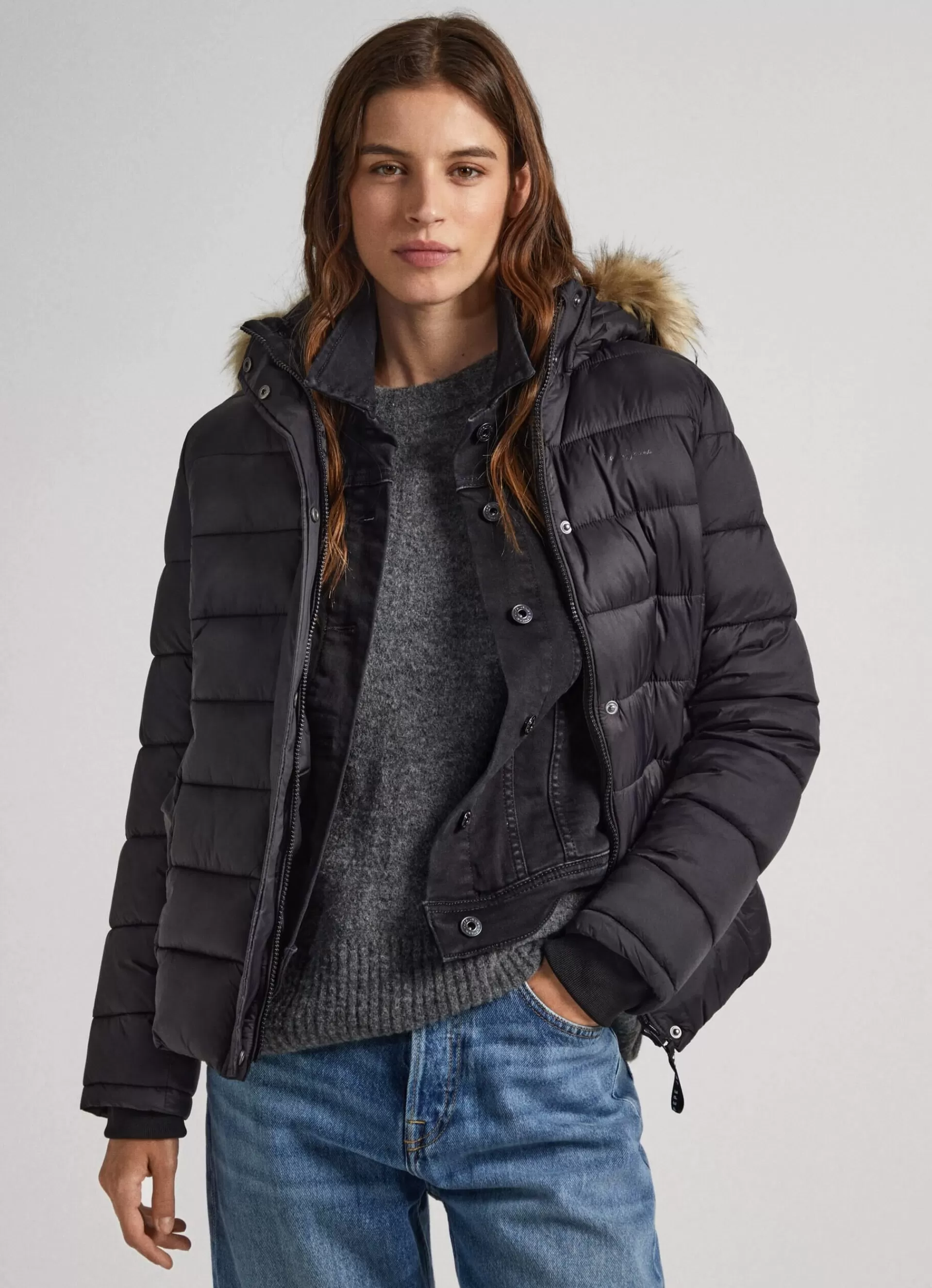 Coats & Jackets*Women Pepe Jeans PUFFER JACKET W/ FUR LINING ON HOOD Black