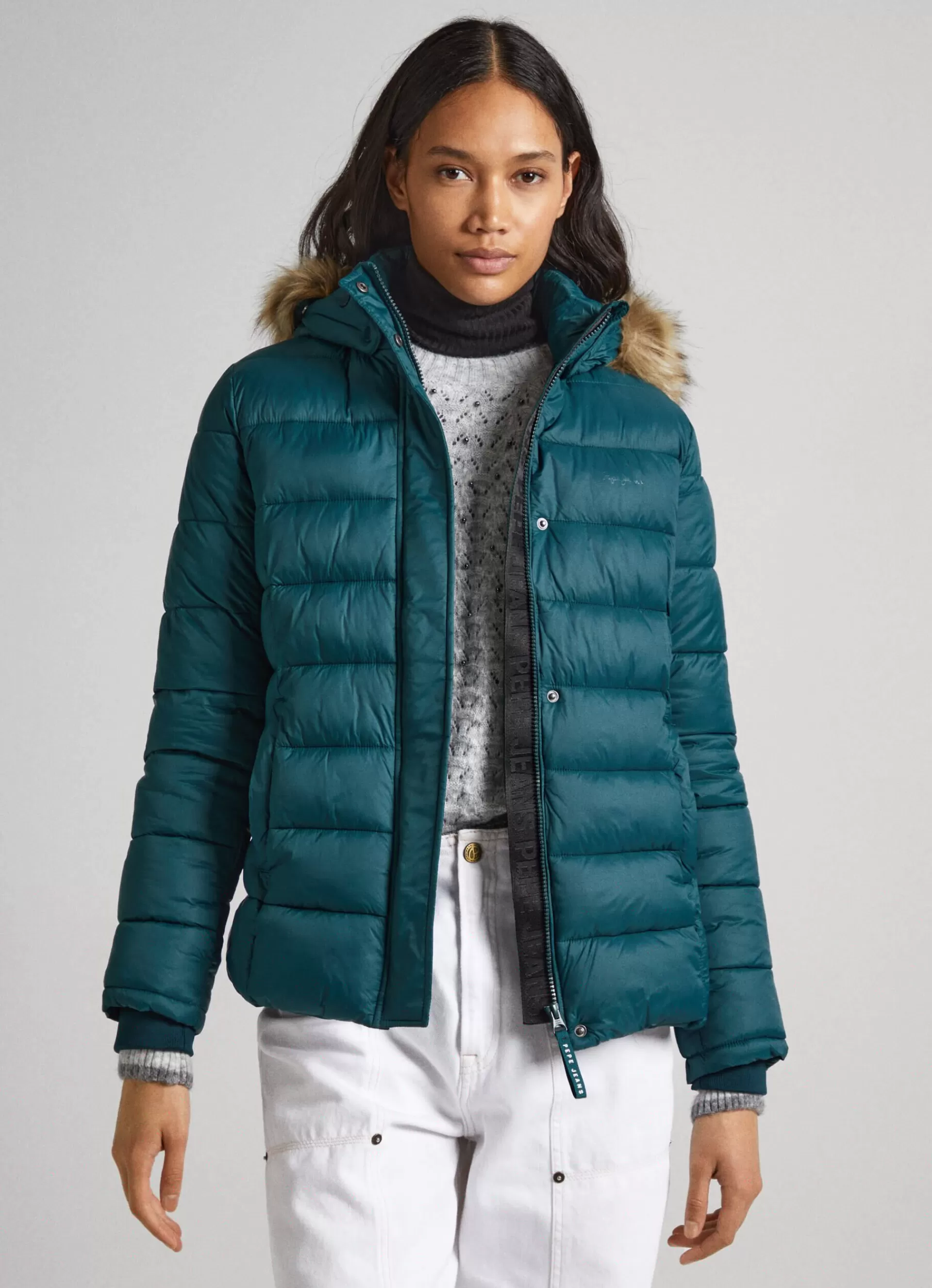 Coats & Jackets*Women Pepe Jeans PUFFER JACKET W/ FUR LINING ON HOOD Regent Green