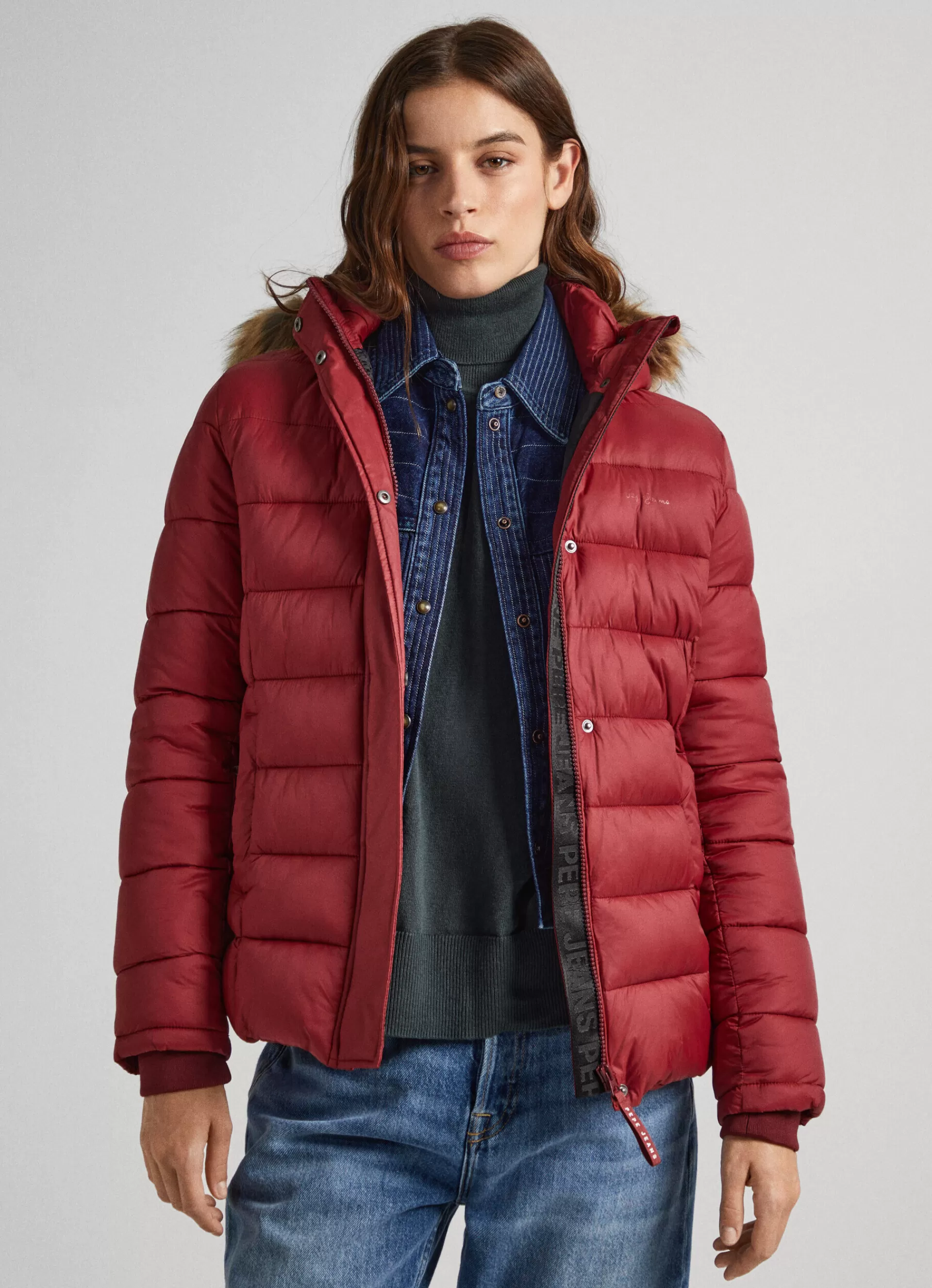 Coats & Jackets*Women Pepe Jeans PUFFER JACKET W/ FUR LINING ON HOOD Burgundy Red