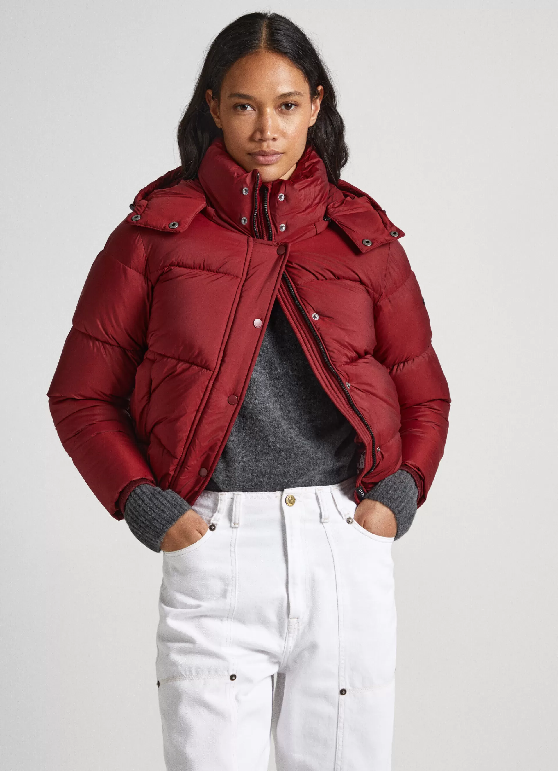 Coats & Jackets*Women Pepe Jeans PUFFER JACKET WITH HOOD Burgundy Red