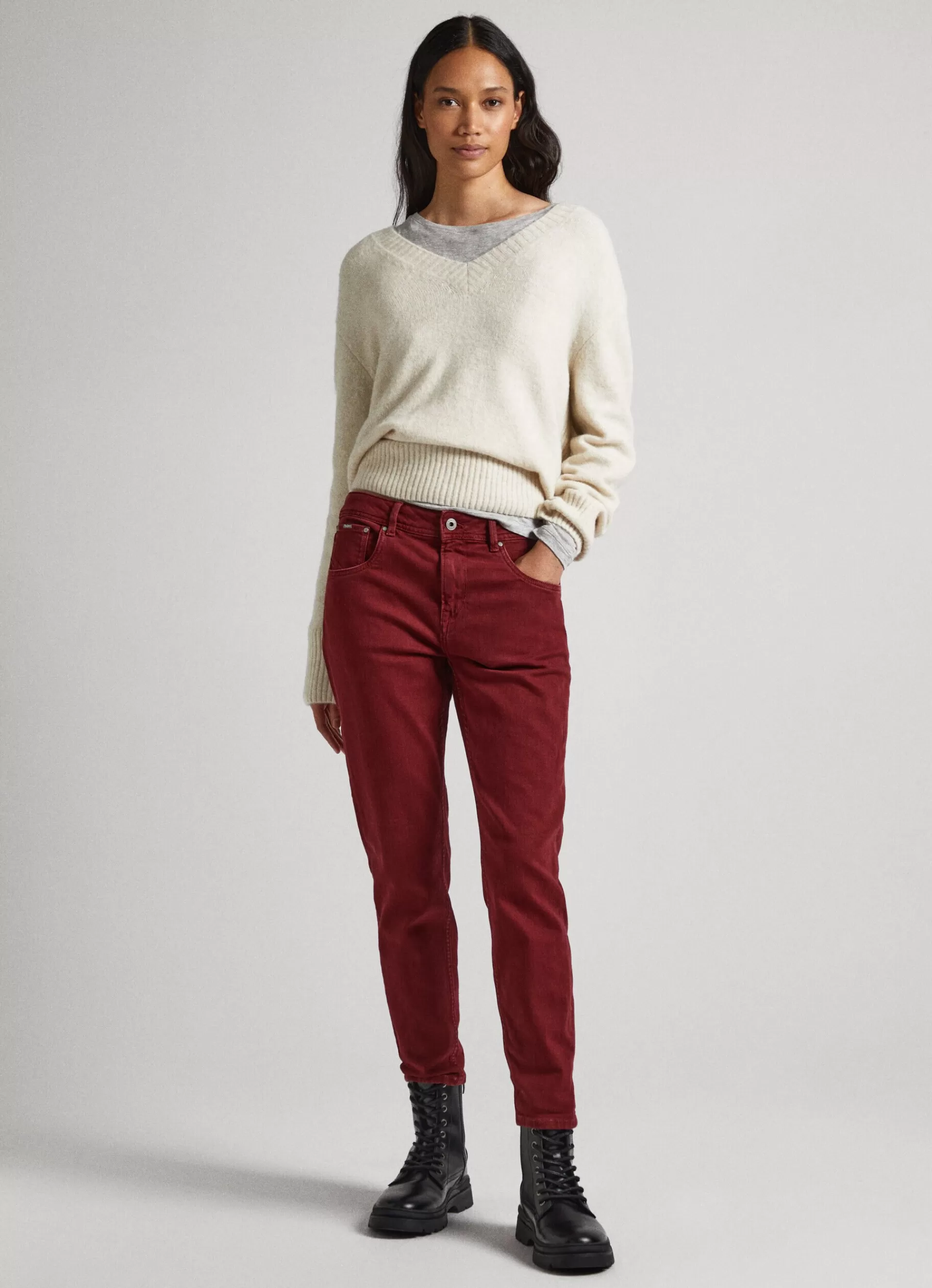 Pants*Women Pepe Jeans RELAXED 5-POCKET DENIM TROUSERS Burgundy Red