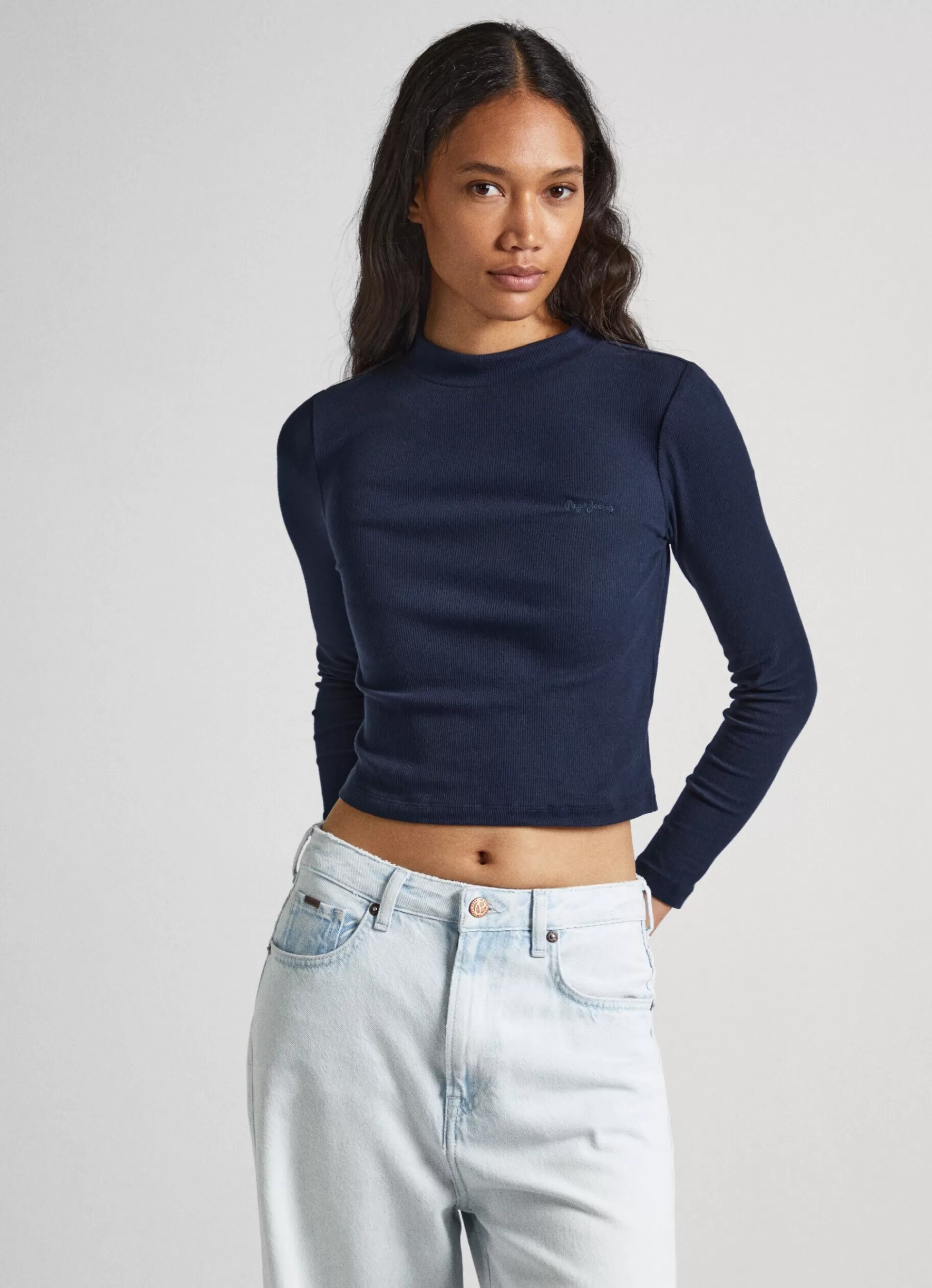 T-shirts*Women Pepe Jeans RIBBED LONG-SLEEVE T-SHIRT Dulwich Blue