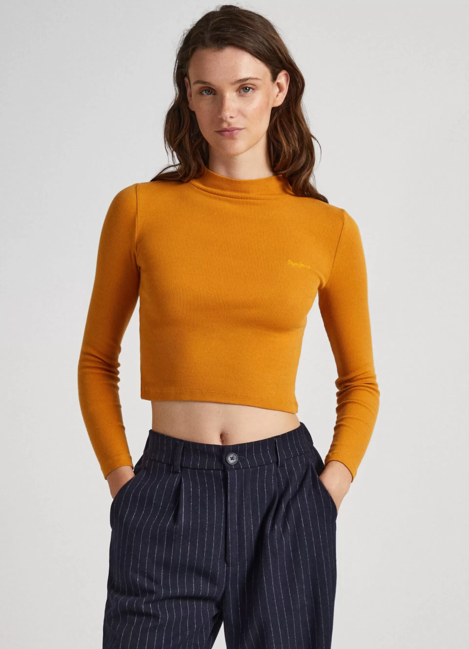 T-shirts*Women Pepe Jeans RIBBED LONG-SLEEVE T-SHIRT Ochre Yellow