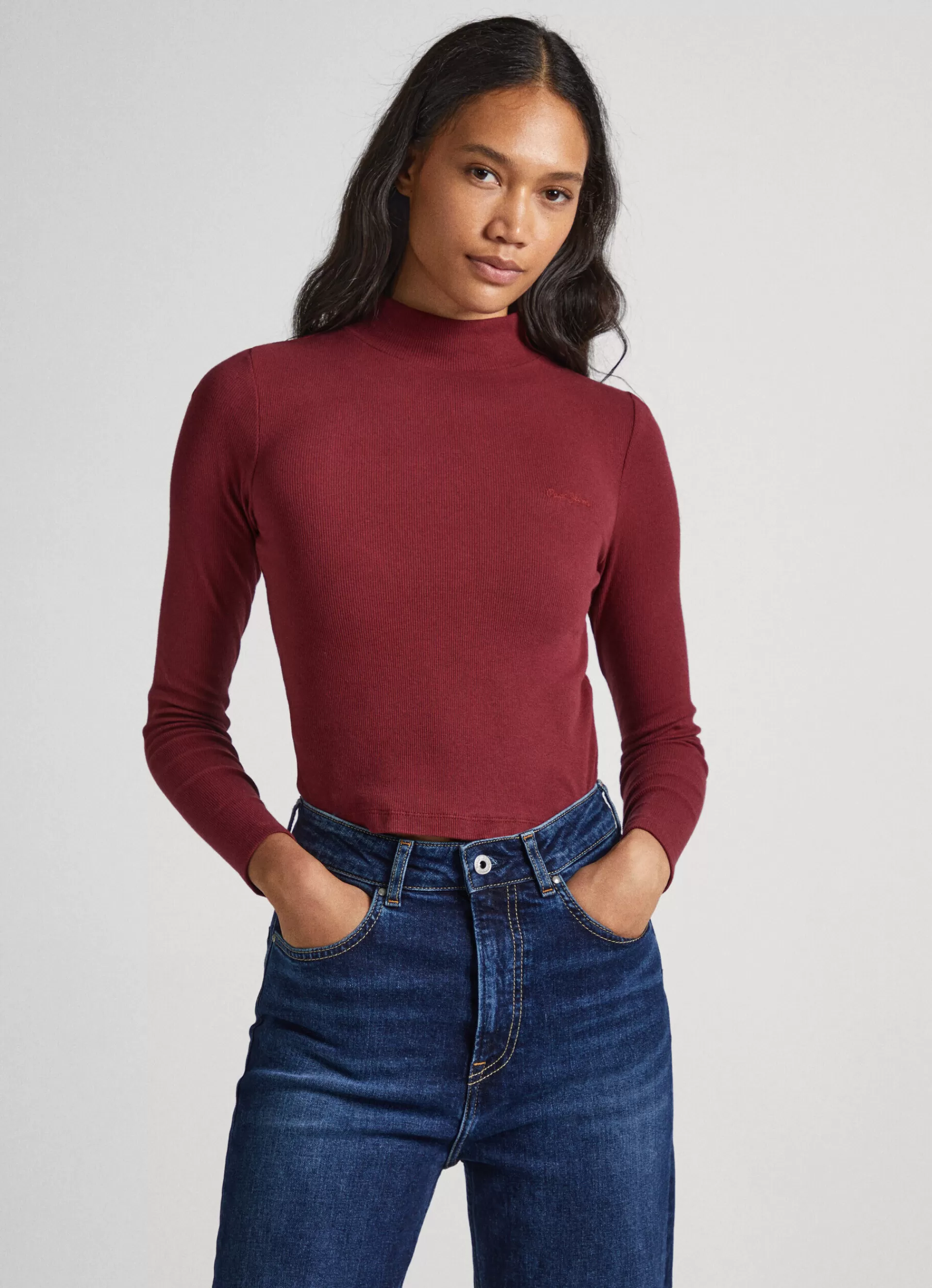 T-shirts*Women Pepe Jeans RIBBED LONG-SLEEVE T-SHIRT Burgundy Red