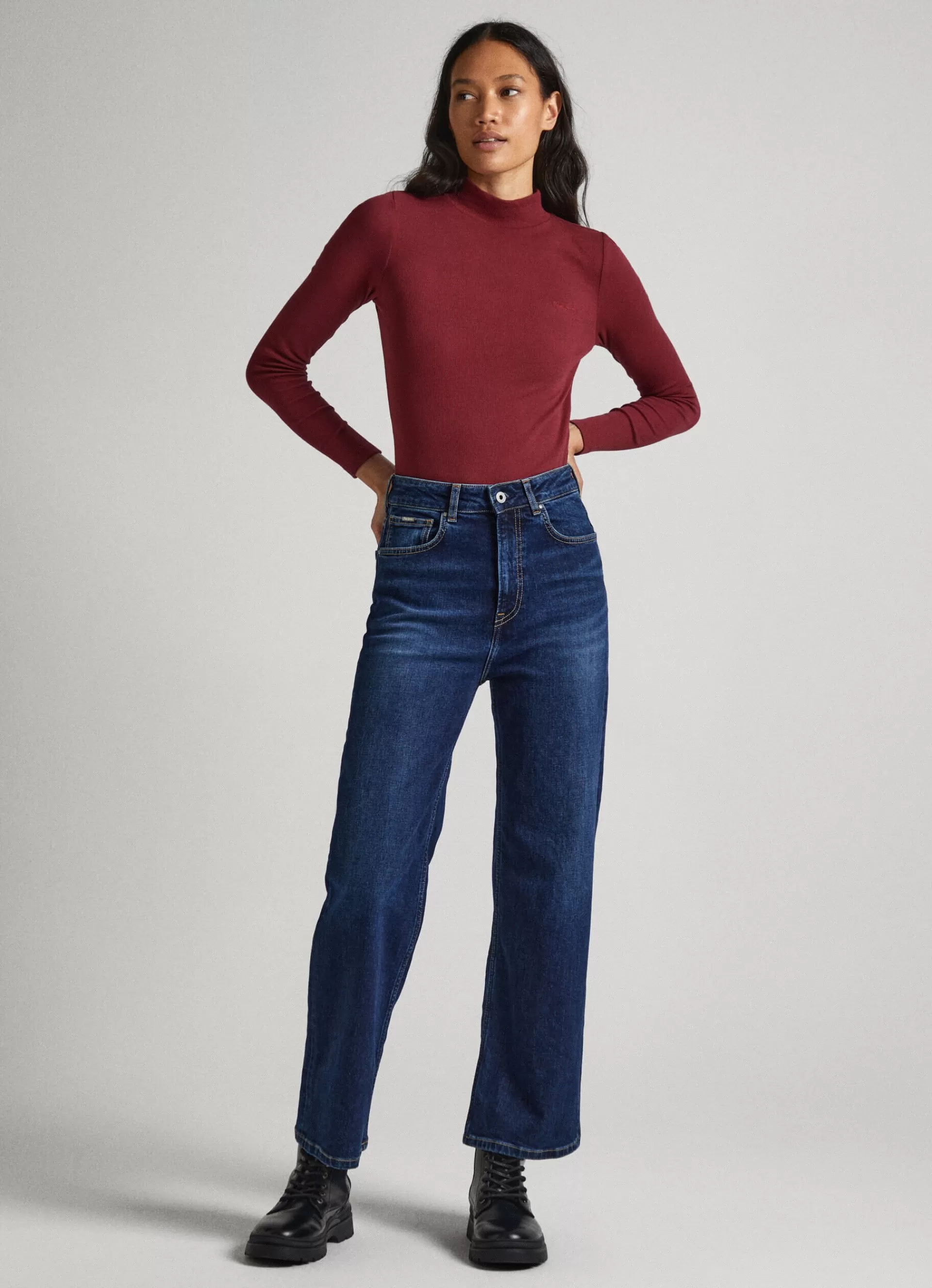 T-shirts*Women Pepe Jeans RIBBED LONG-SLEEVE T-SHIRT Burgundy Red