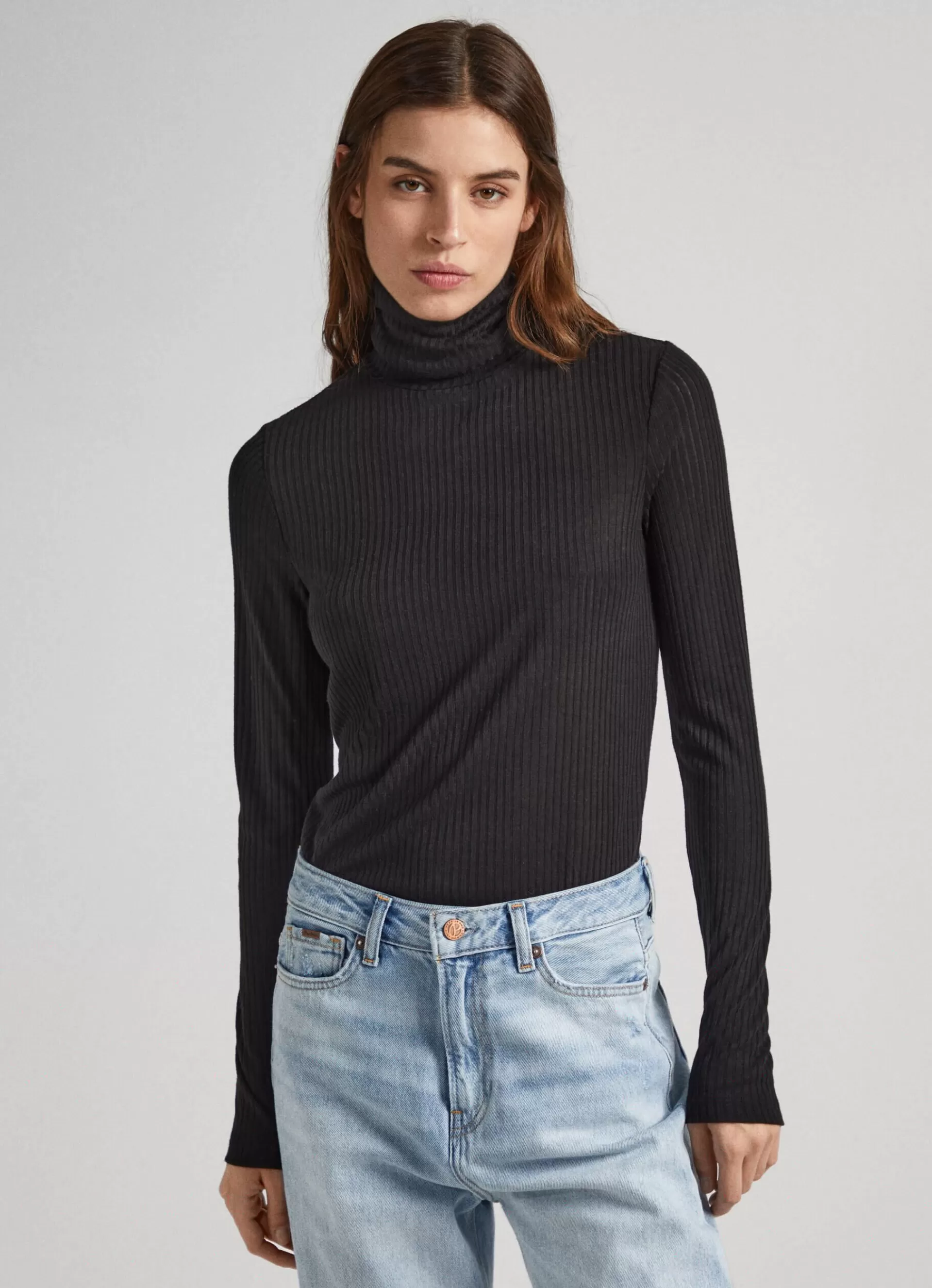 T-shirts*Women Pepe Jeans RIBBED TURTLENECK LONG SLEEVE T-SHIRT Black