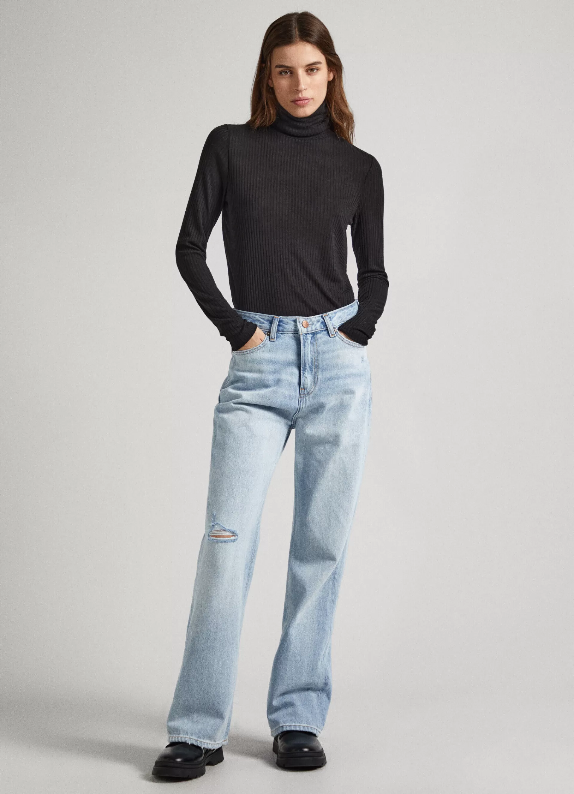 T-shirts*Women Pepe Jeans RIBBED TURTLENECK LONG SLEEVE T-SHIRT Black