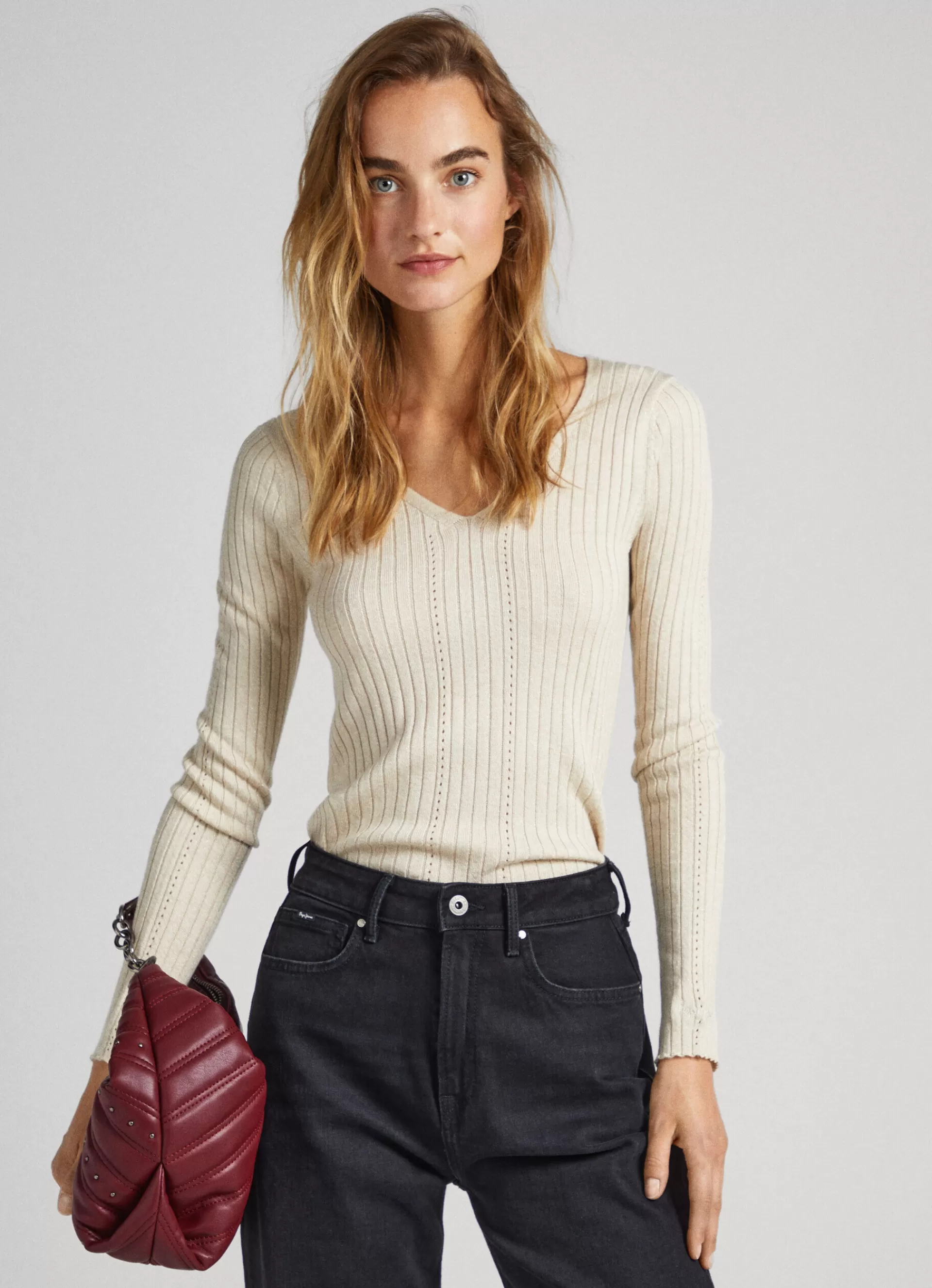 Sweaters & Cardigans | Knitwear*Women Pepe Jeans RIBBED V-NECK KNIT Ivory White