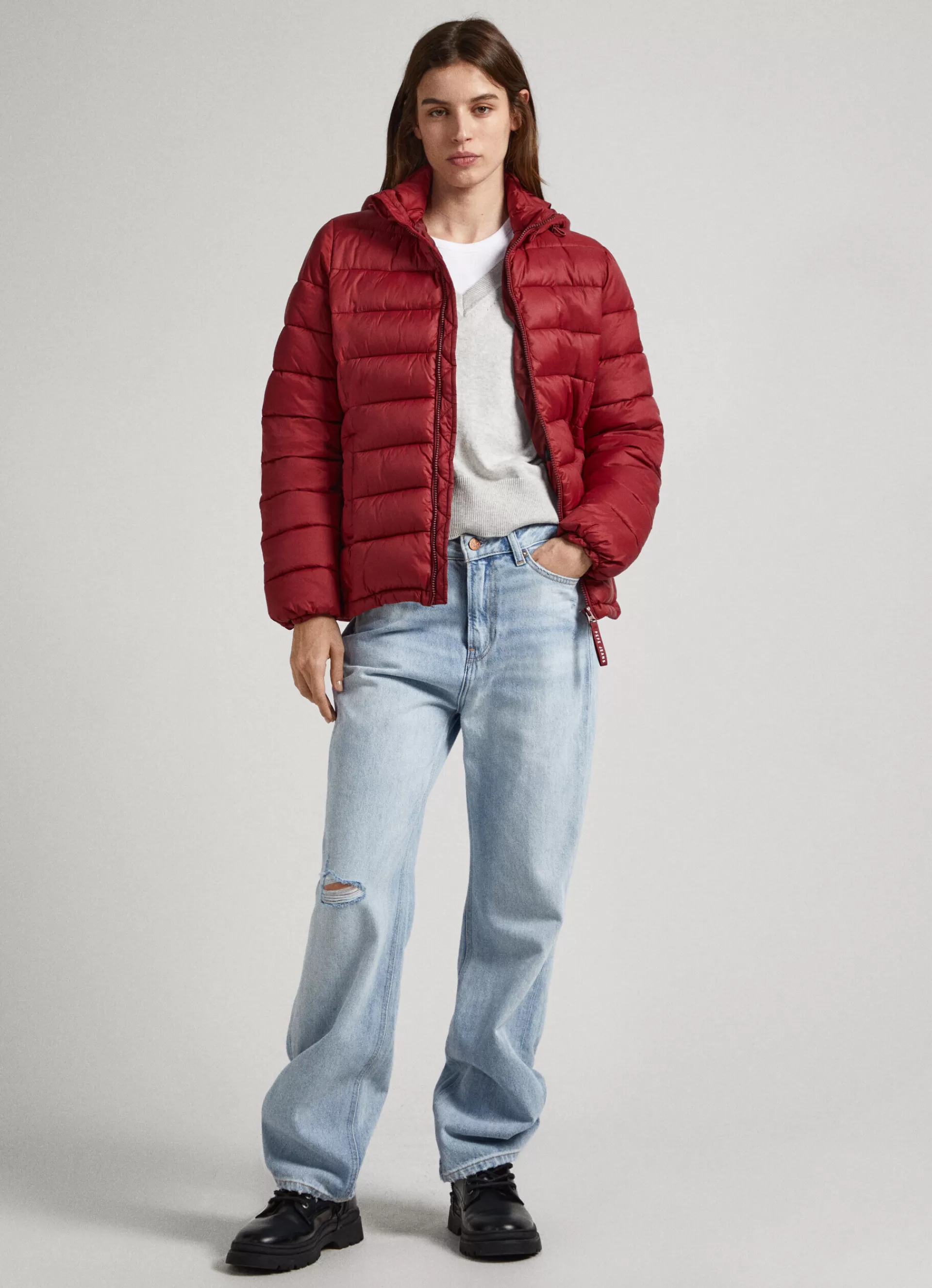 Coats & Jackets*Women Pepe Jeans SHORT PUFFER JACKET Burgundy Red