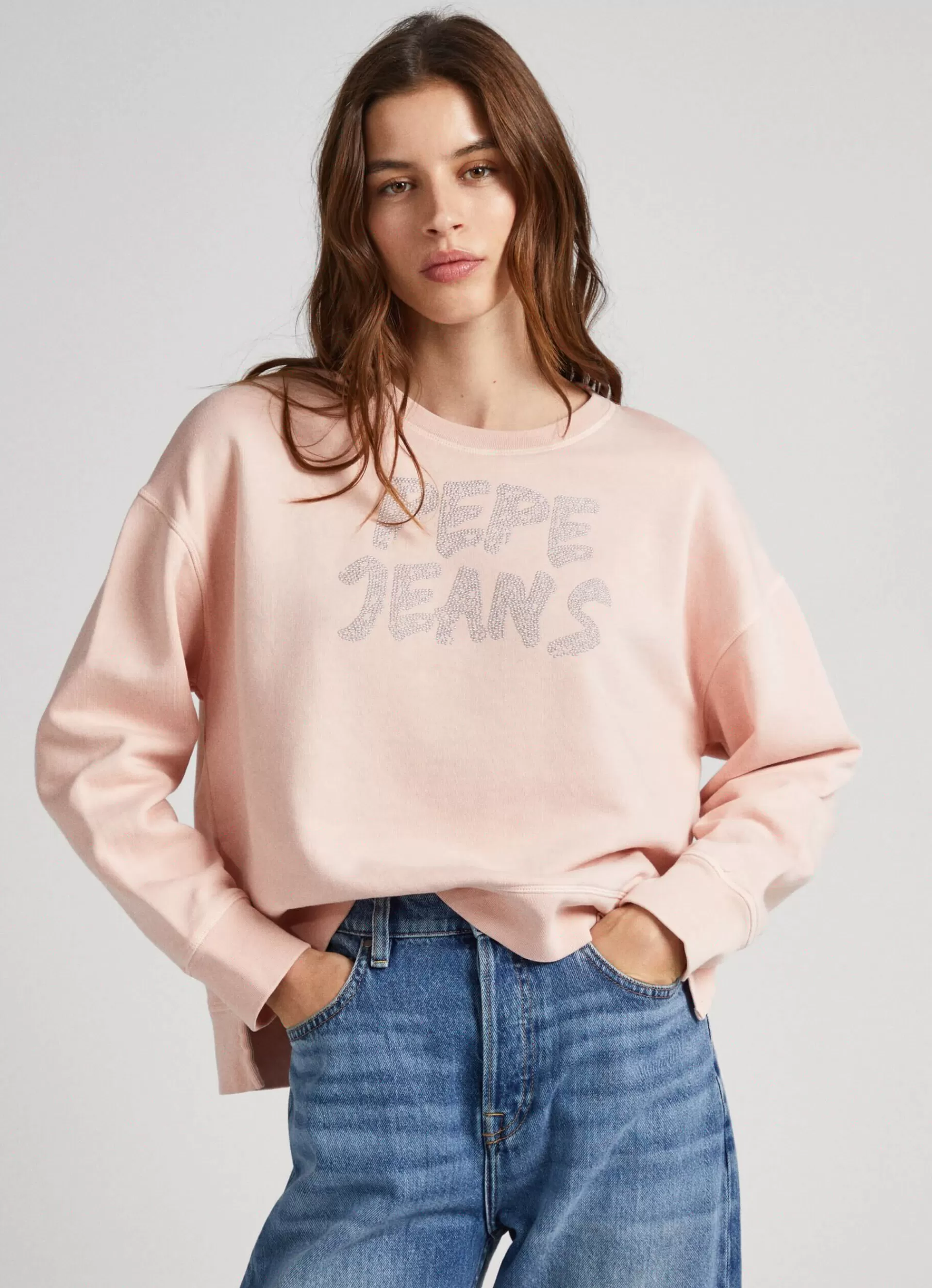 Sweatshirts & Hoodies*Women Pepe Jeans STRASS LOGO COTTON SWEATSHIRT Ash Rose Pink