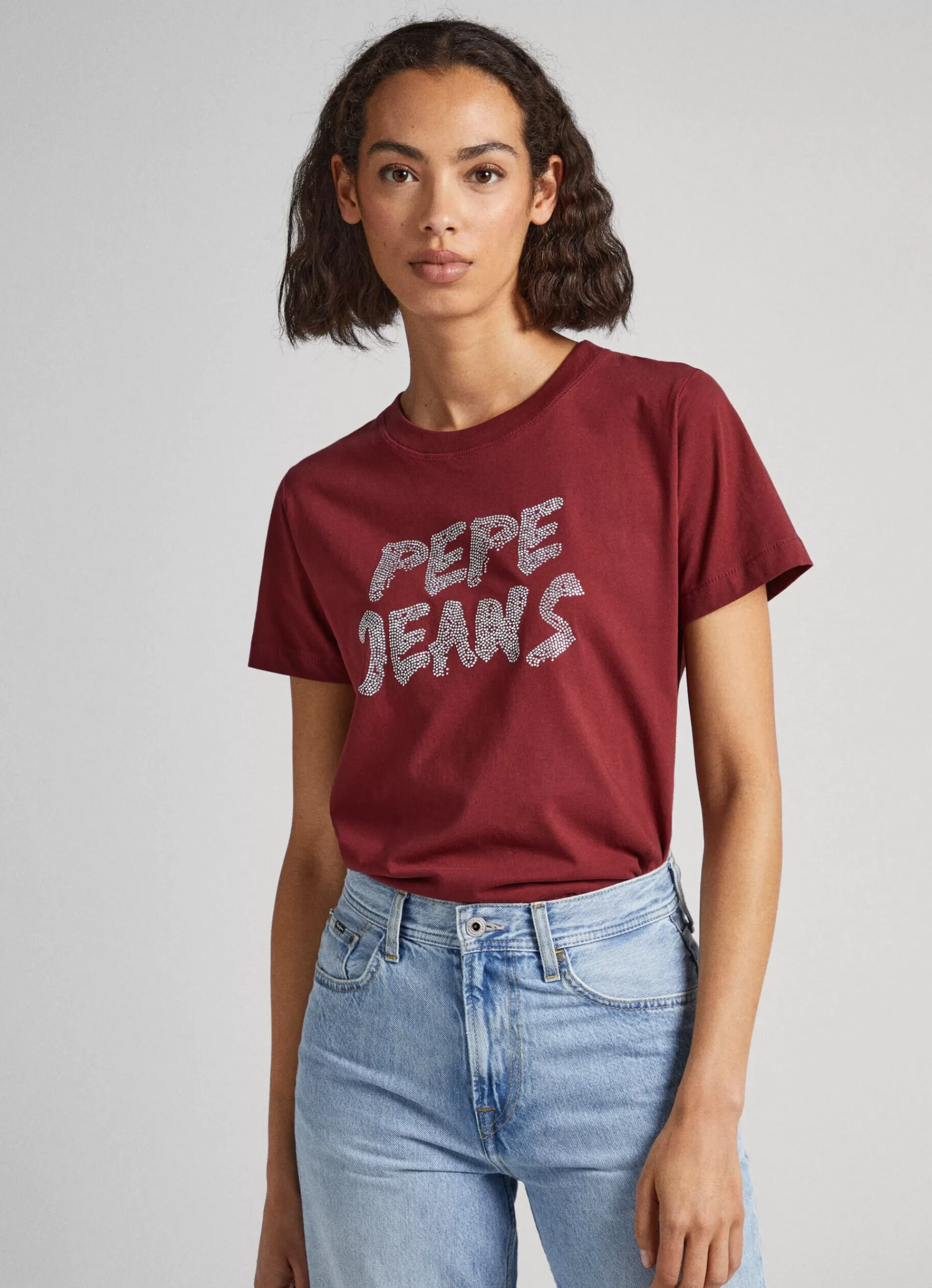 T-shirts*Women Pepe Jeans STRASS LOGO T-SHIRT Burgundy Red