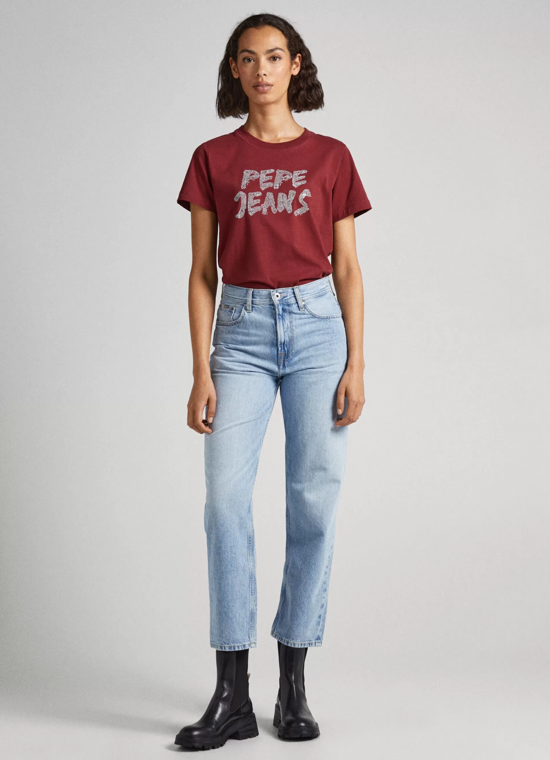 T-shirts*Women Pepe Jeans STRASS LOGO T-SHIRT Burgundy Red