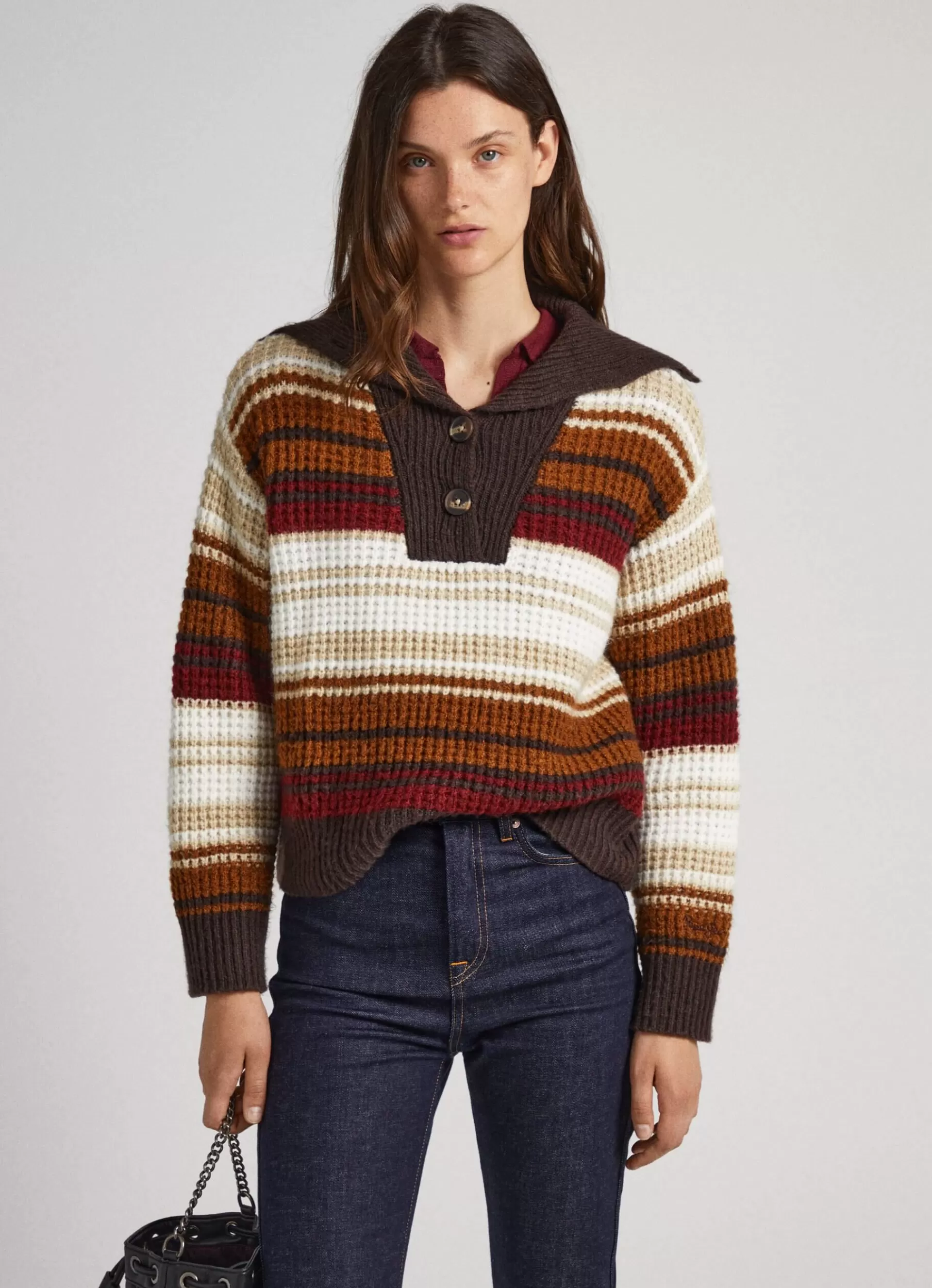 Sweaters & Cardigans | Knitwear*Women Pepe Jeans STRIPED POLO KNIT Tobacco Brown