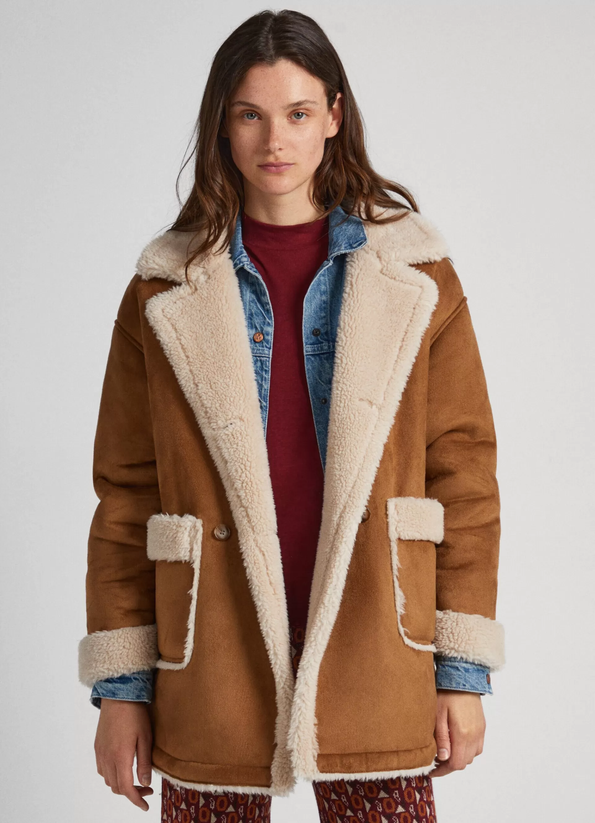 Coats & Jackets*Women Pepe Jeans SUEDETTE COAT WITH FLEECE LINING Tobacco Brown