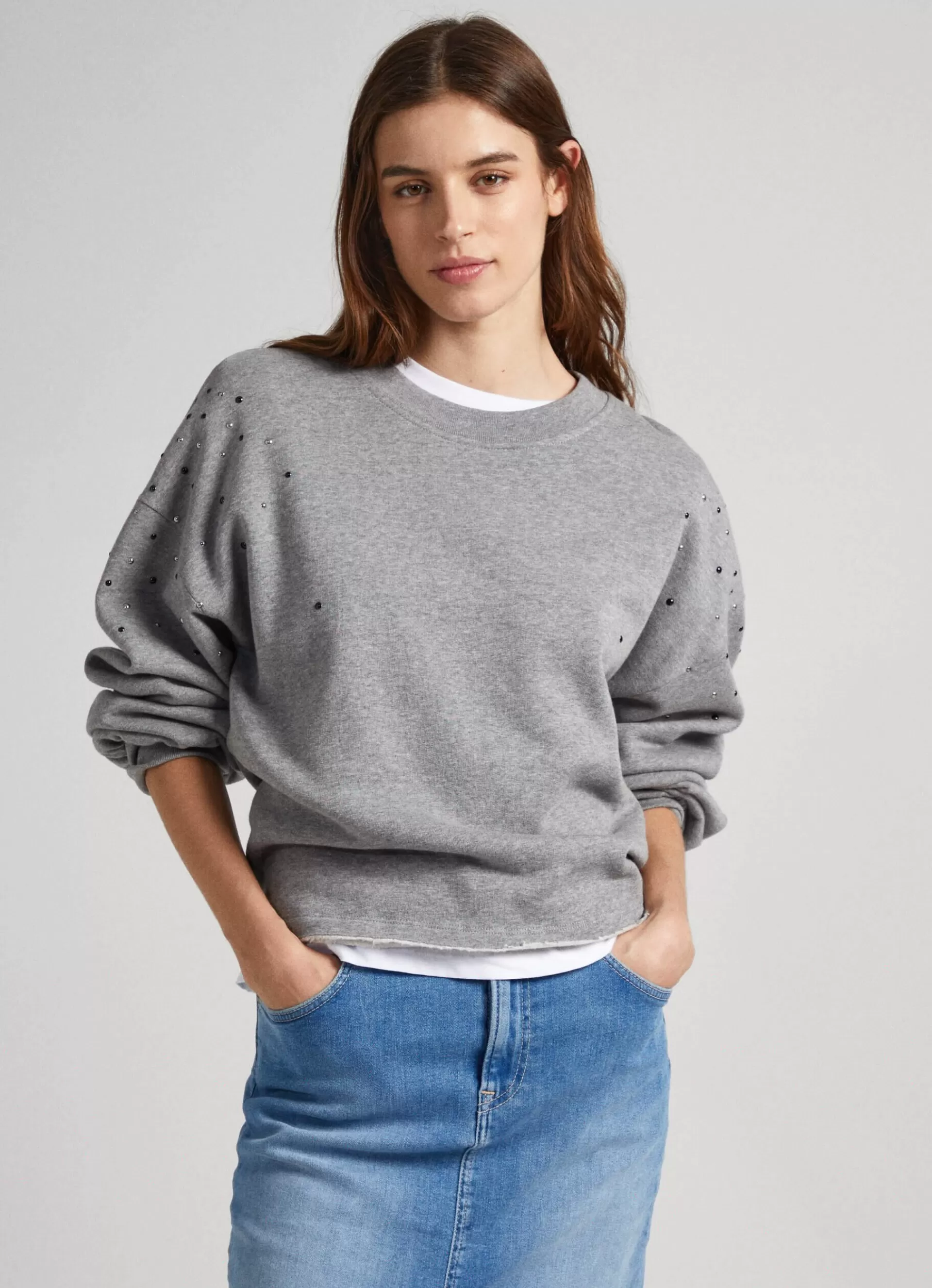 Sweatshirts & Hoodies*Women Pepe Jeans SWEATSHIRT W/ GEMSTONE BEADING Marl Grey