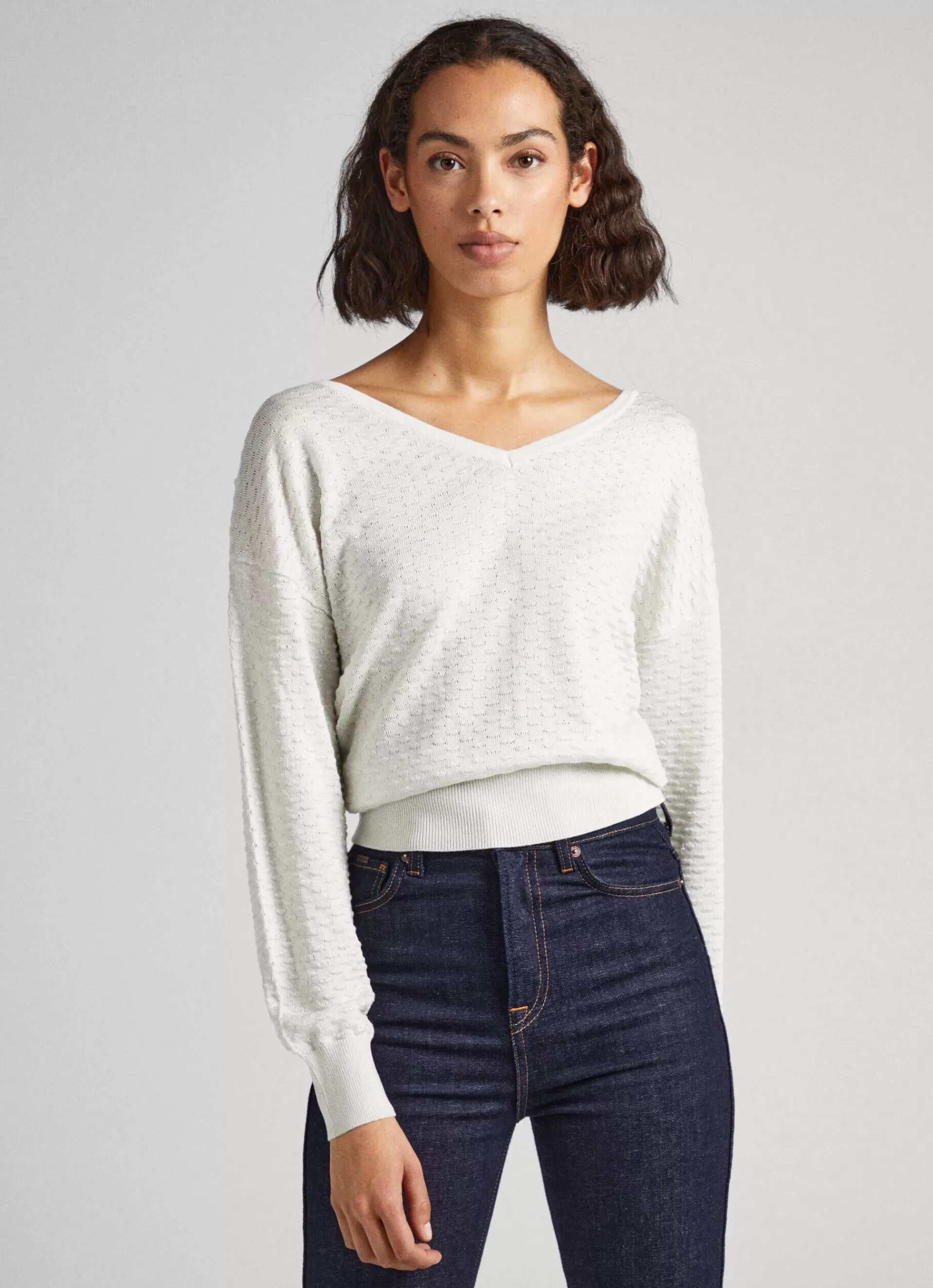 Sweaters & Cardigans | Knitwear*Women Pepe Jeans TEXTURED V-NECK SWEATSHIRT Mousse White