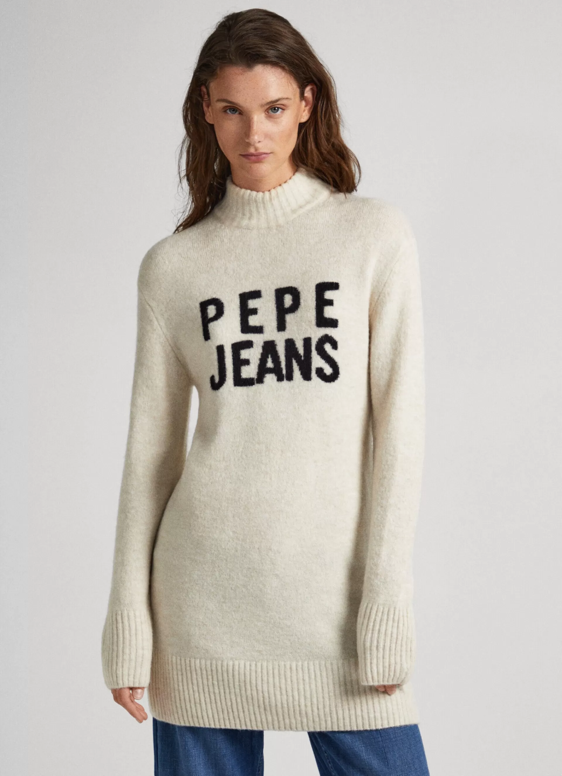 Dresses & Jumpsuits | Knitwear*Women Pepe Jeans TURTLENECK DRESS WITH LOGO Ivory White