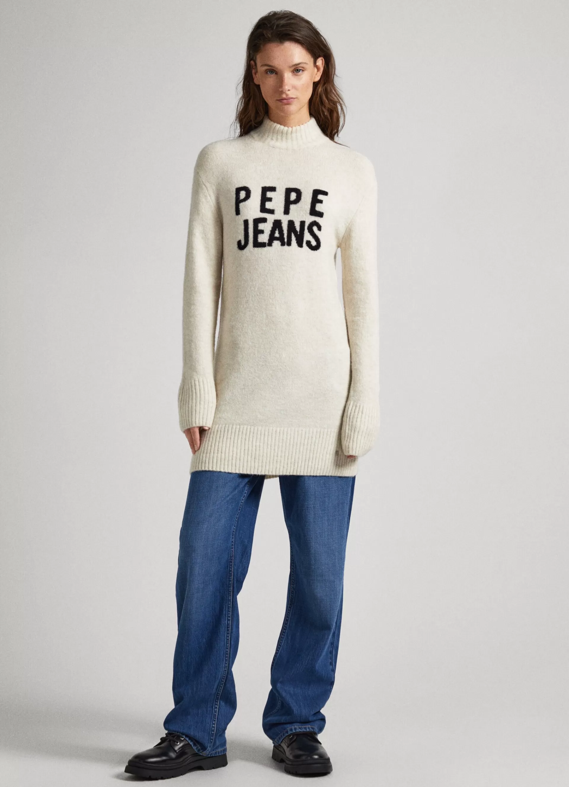 Dresses & Jumpsuits | Knitwear*Women Pepe Jeans TURTLENECK DRESS WITH LOGO Ivory White