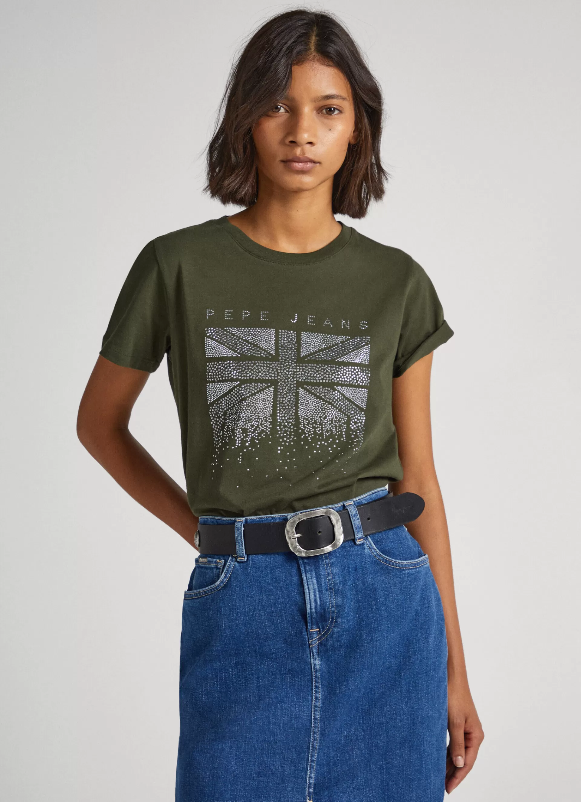 T-shirts*Women Pepe Jeans UNION JACK STRASS T-SHIRT Olive Green